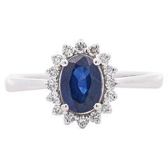 1.16 Carat Oval Blue Sapphire & Diamond Halo 18K White Gold Ring