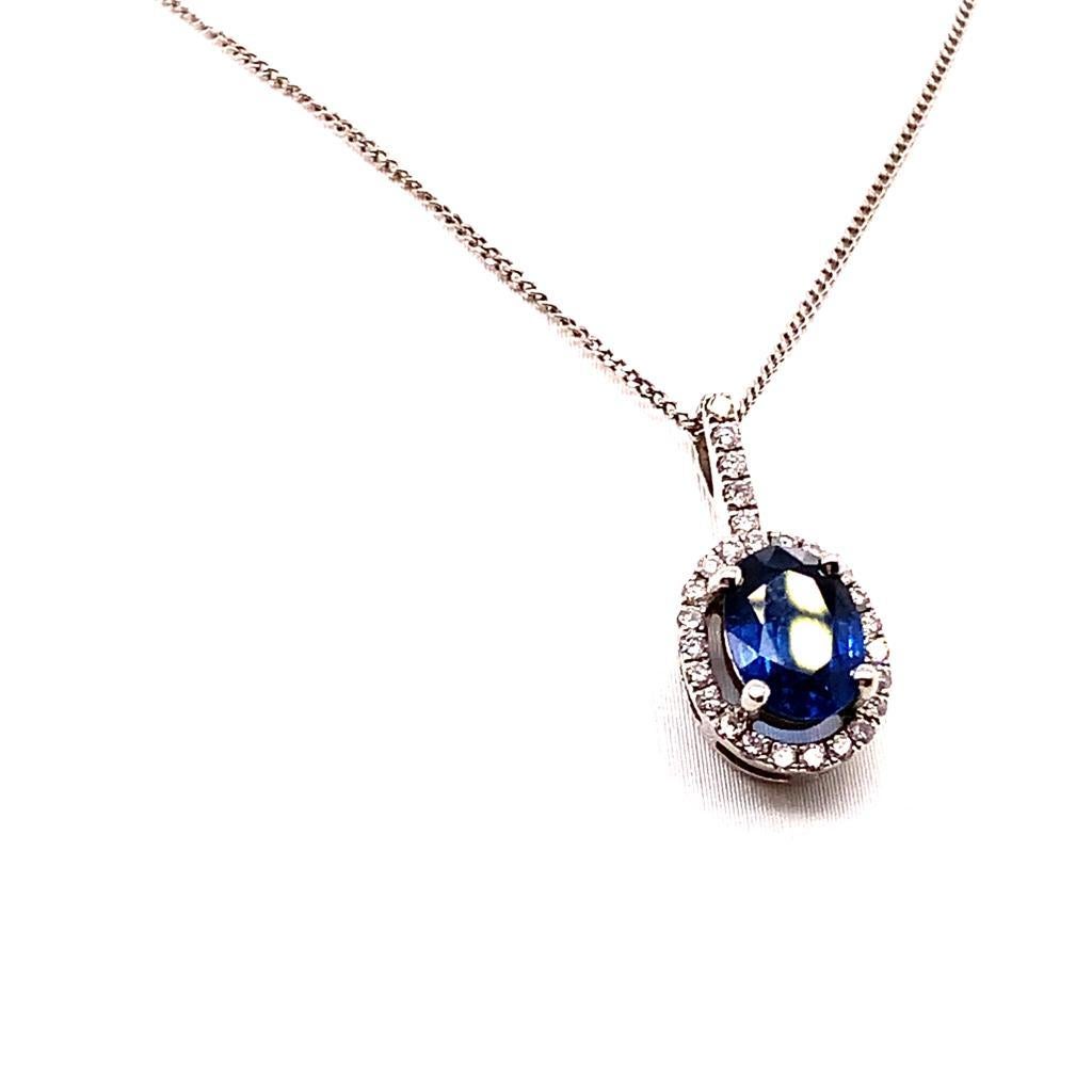 Oval Cut 1.16 Carat Oval Brilliant Blue Sapphire and Diamond Pendant in 18K White Gold For Sale