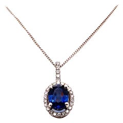 1.16 Carat Oval Brilliant Blue Sapphire and Diamond Pendant in 18K White Gold