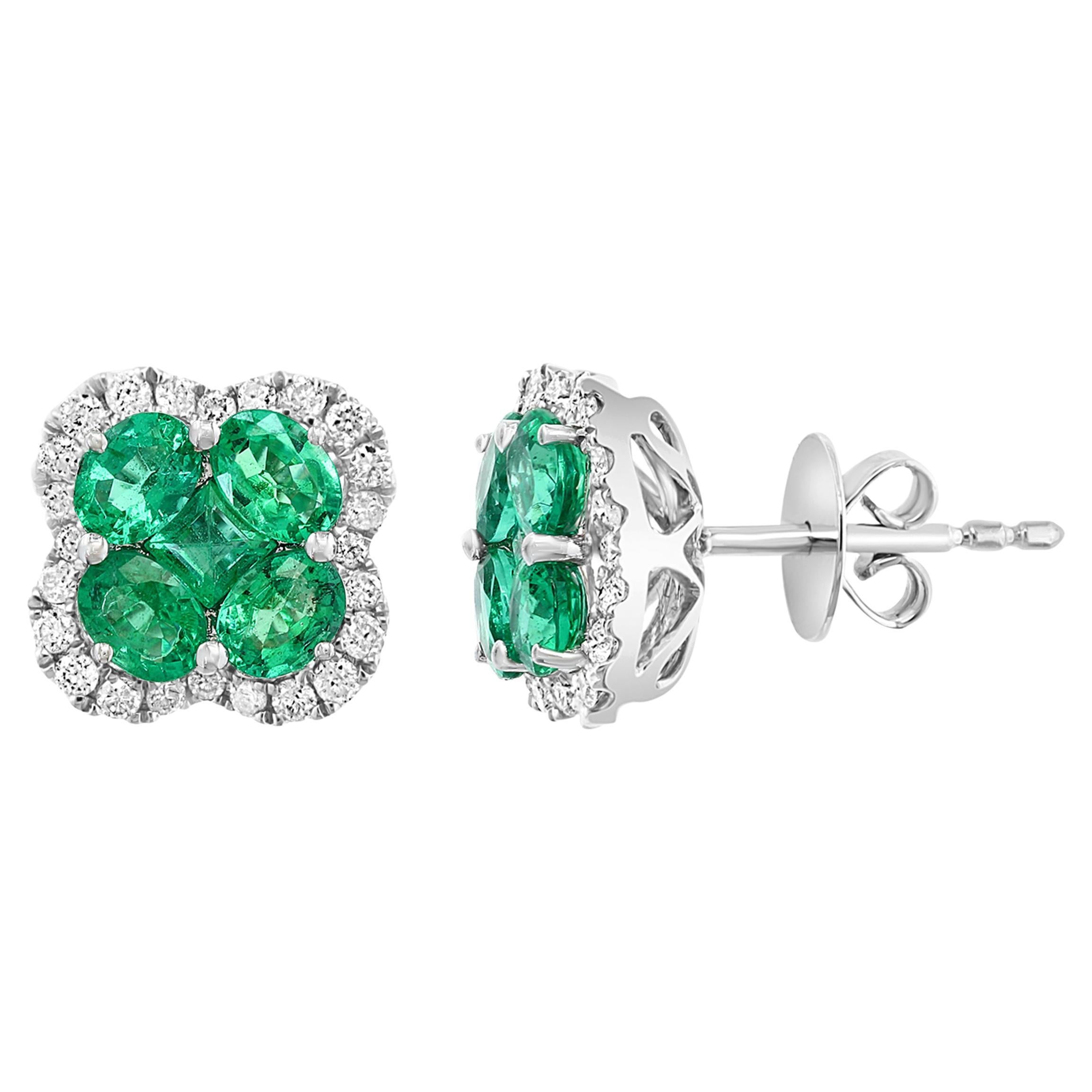 1.16 Carat Oval cut Emerald and Diamond Stud Earrings in 18K White Gold For Sale