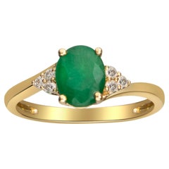 Vintage 1.16 Carat Oval Cut Emerald Diamond Accents 10K Yellow Gold Engagement Ring