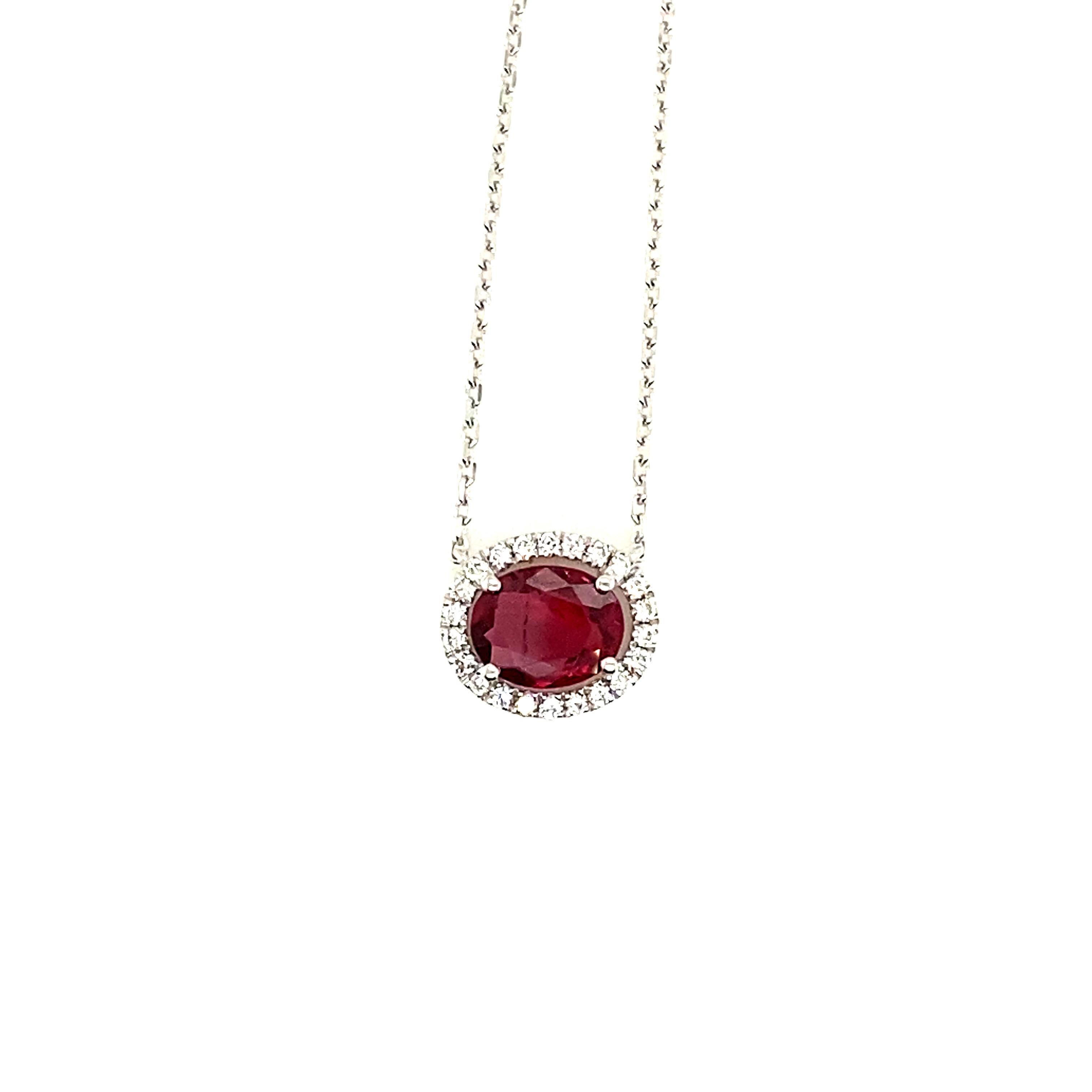 1.16 Carat Oval-Cut Intense Red Ruby and White Diamond Pendant Necklace:

A beautiful pendant necklace, it features a 1.16 carat oval-cut natural intense red ruby in the centre surrounded by a halo of white round-brilliant cut diamonds weighing 0.13