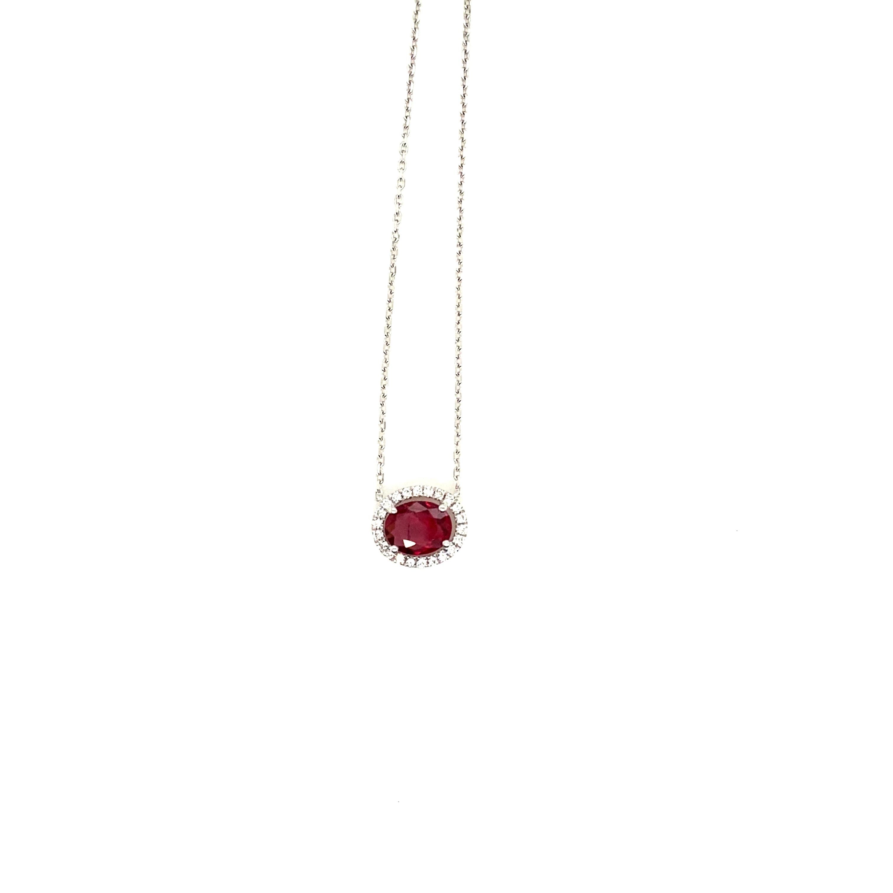Modern 1.16 Carat Oval-Cut Intense Red Ruby and White Diamond Pendant Necklace For Sale