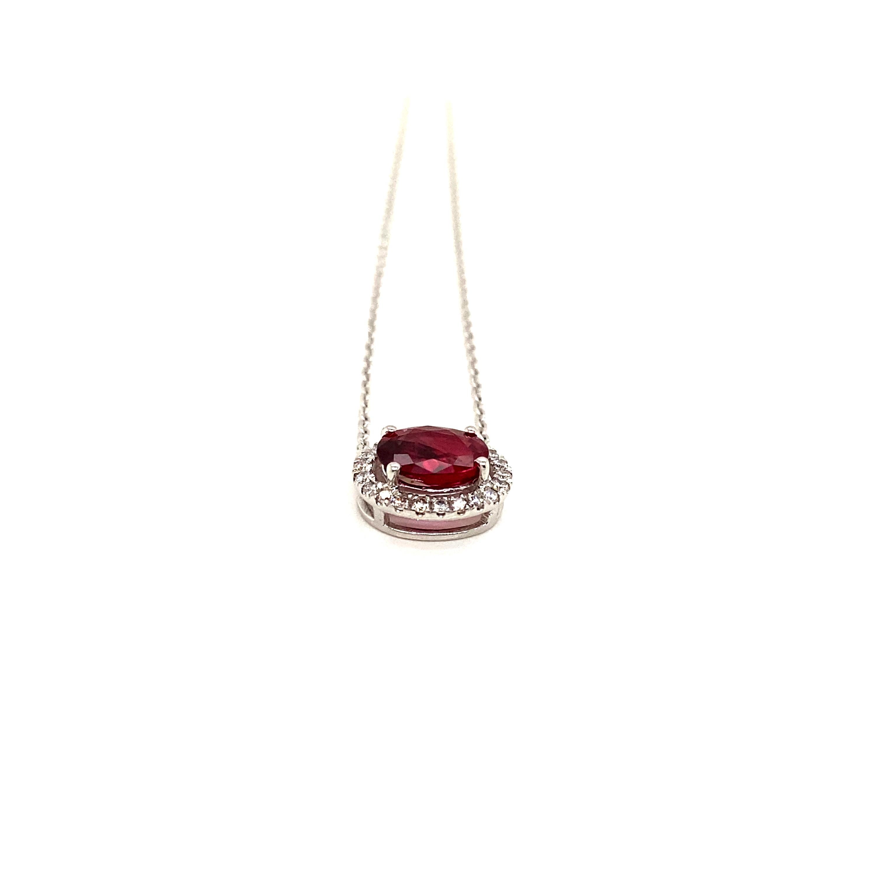 Oval Cut 1.16 Carat Oval-Cut Intense Red Ruby and White Diamond Pendant Necklace For Sale