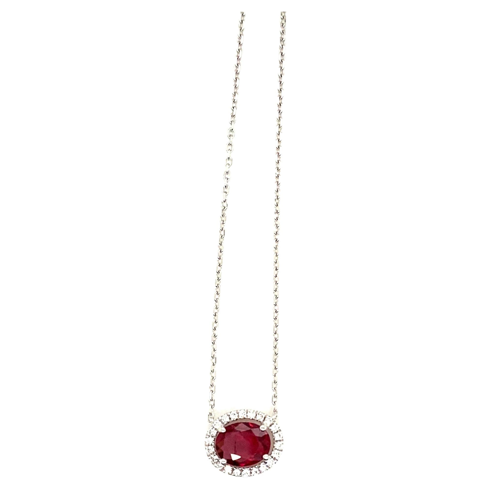 1.16 Carat Oval-Cut Intense Red Ruby and White Diamond Pendant Necklace For Sale