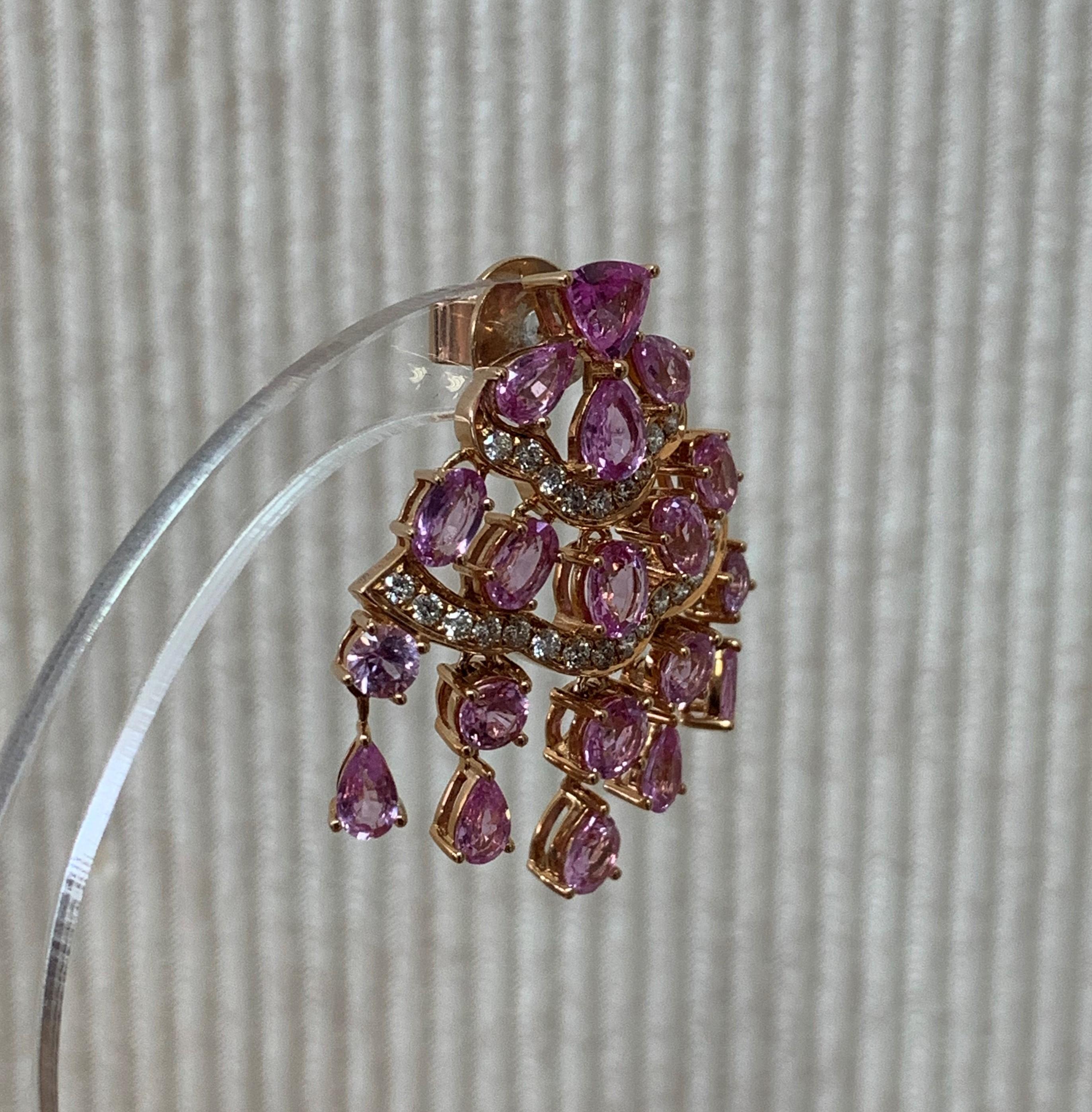 Contemporary 11.6 Carat Pink Sapphire & Diamond Earring in 18 Karat Rose Gold  For Sale