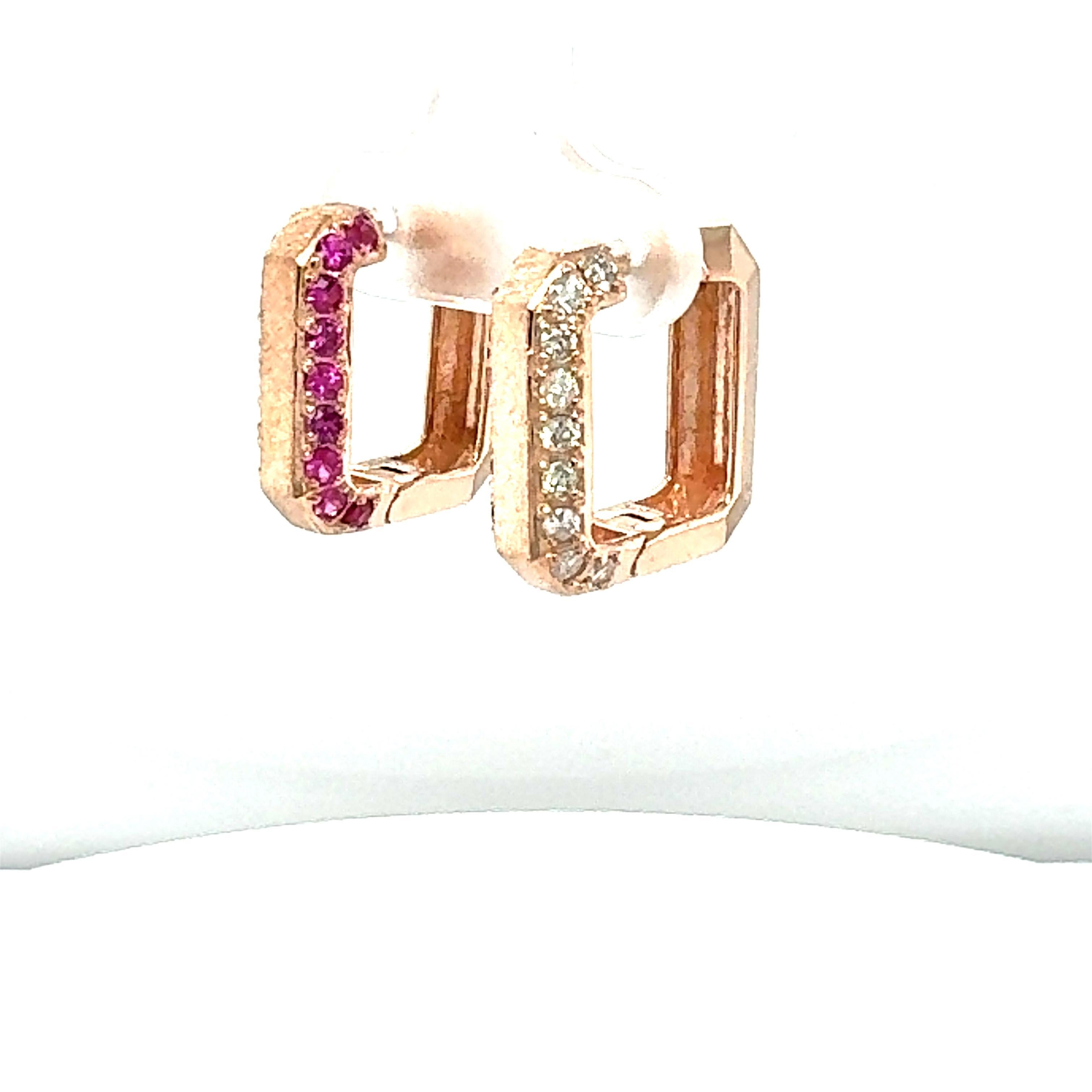 Contemporary 1.16 Carat Pink Sapphire Diamond Rose Gold Hoop Earrings For Sale