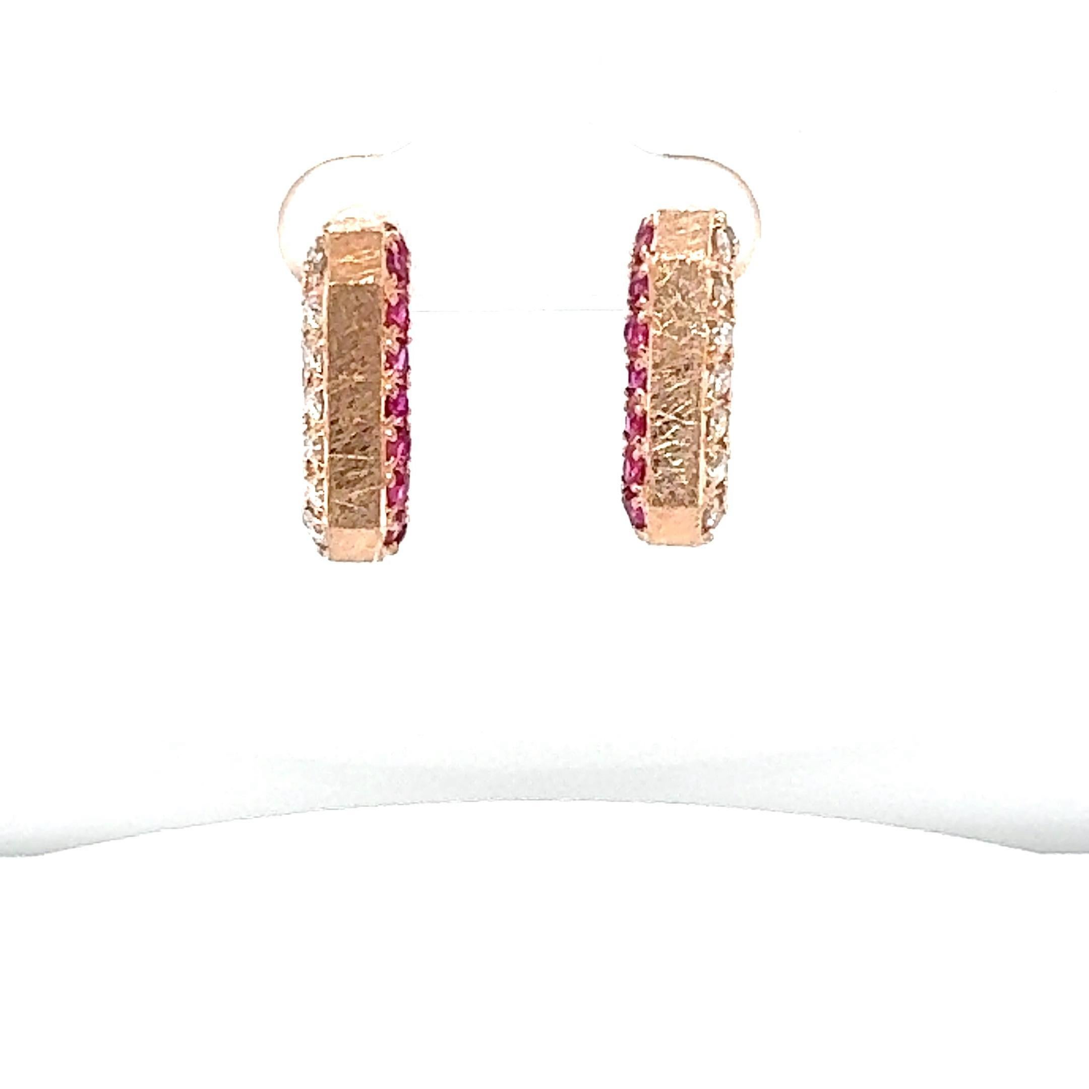1.16 Carat Pink Sapphire Diamond Rose Gold Hoop Earrings In New Condition For Sale In Los Angeles, CA