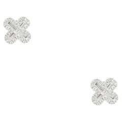 1.16 Carat Round Brilliant & Baguette Diamond Clover Earrings 18 Karat in Stock