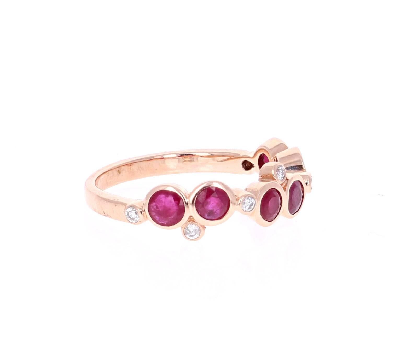 Cute and dainty Ruby and Diamond band that is sure to be a great addition to anyone's accessory collection.   There are 6 Round Cut Rubies that weigh 1.06 carats and 7 Round Cut Diamonds that weigh 0.10 carats.  The total carat weight of the band is