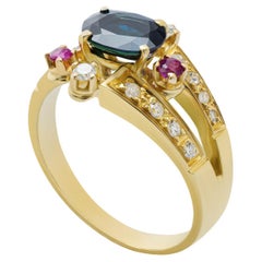 1.16 Carat Sapphire, 0.18 Ct Ruby, and 0.22 Ct Diamond Ring in 18K Yellow Gold