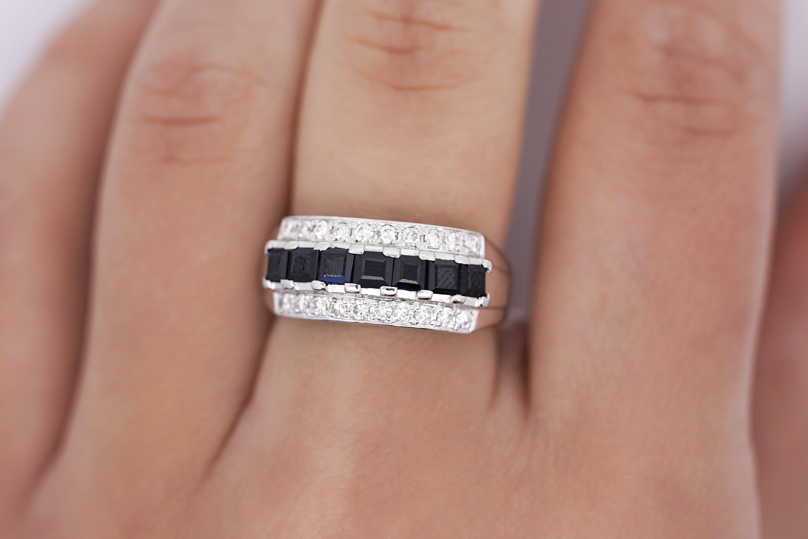Women's or Men's 1.16 Carat Sapphire and Round Cut Diamond Cluster Band Ring in Platinum For Sale