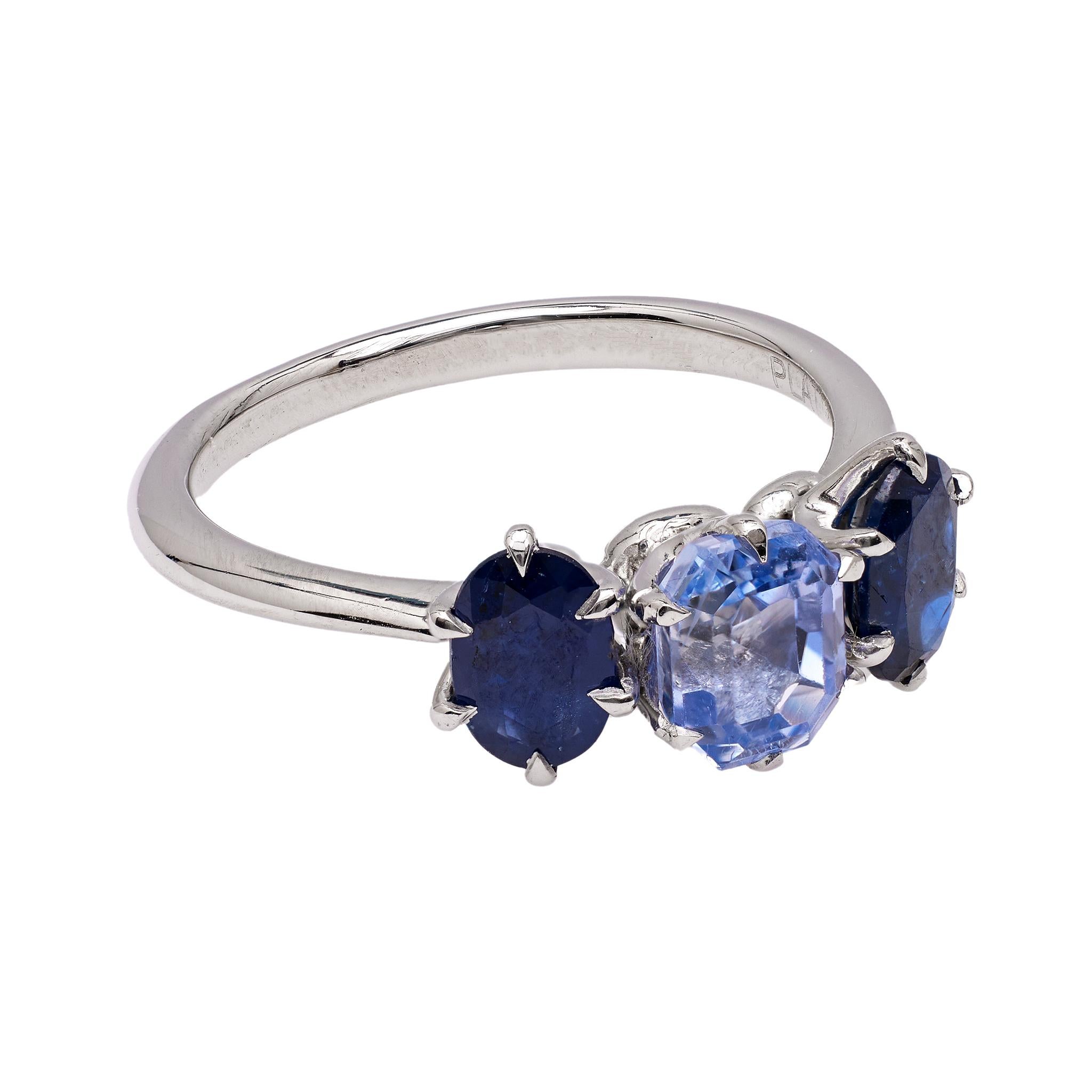 Women's or Men's 1.16 Carat Sapphire Platinum Three Stone Ring For Sale
