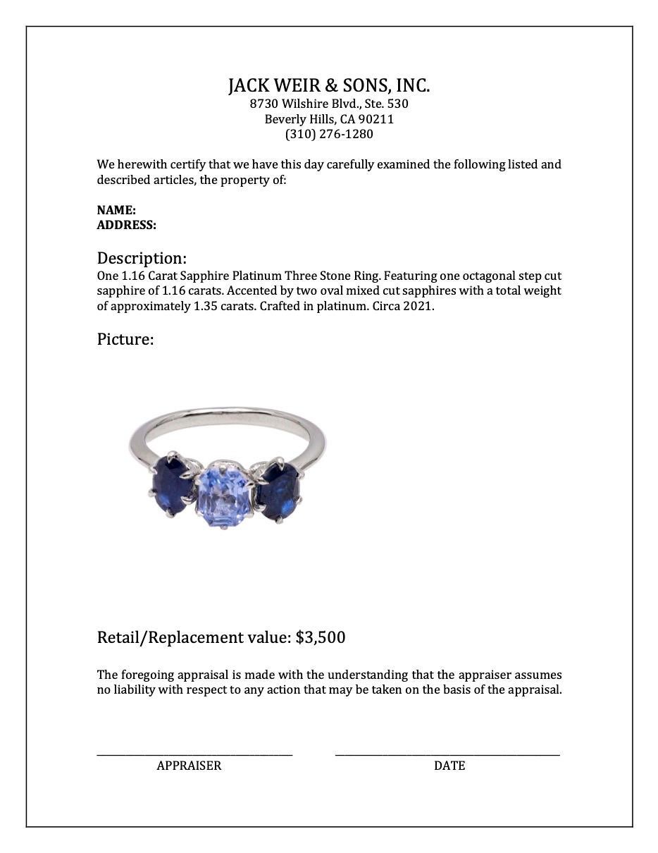 1.16 Carat Sapphire Platinum Three Stone Ring For Sale 2