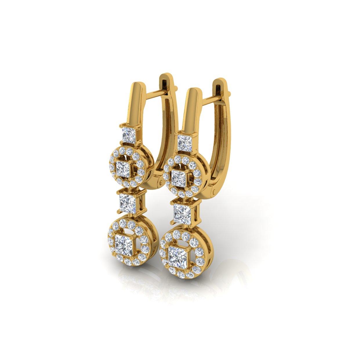 Modern 1.16 Carat SI/HI Princess Cut Diamond Dangle Earrings 18k Yellow Gold Jewelry For Sale