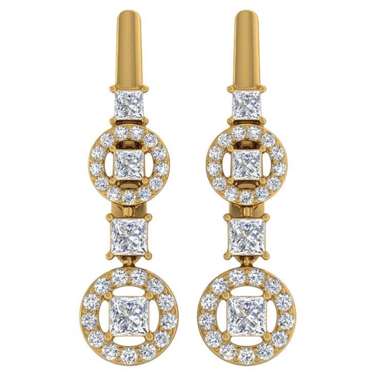 1.16 Carat SI/HI Princess Cut Diamond Dangle Earrings 18k Yellow Gold Jewelry For Sale