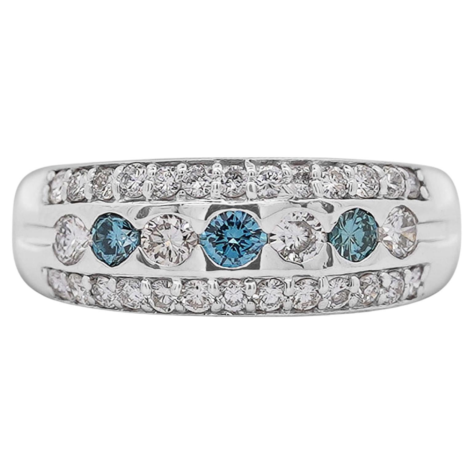 1.16 Carat Three Row White and Blue Diamond Channel Seting Band Ring