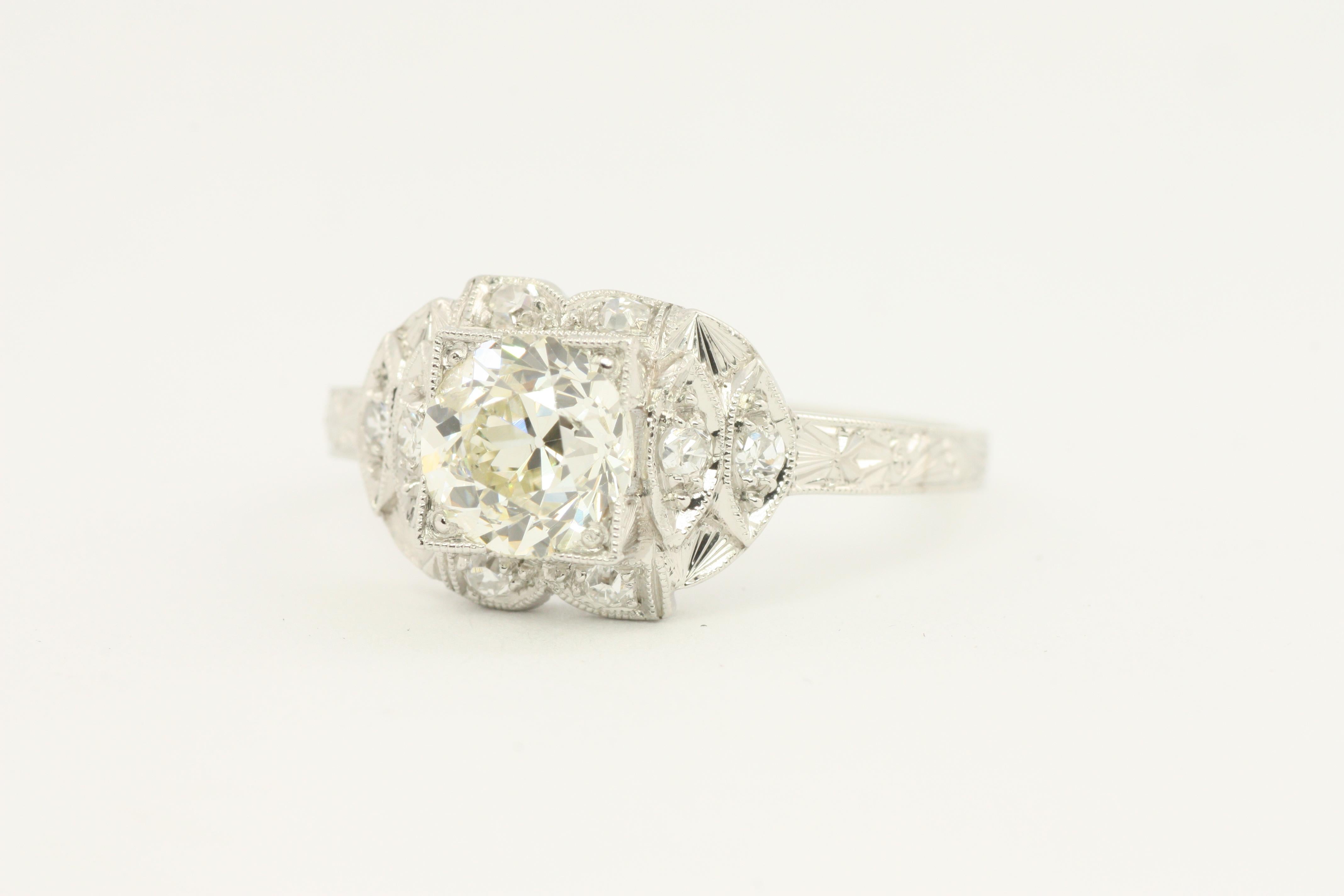 Anillo de Compromiso de Platino Art Decó Vintage con Diamante Europeo Antiguo de 1,16 Quilates Totales en Excelente estado para la venta en Santa Monica, CA