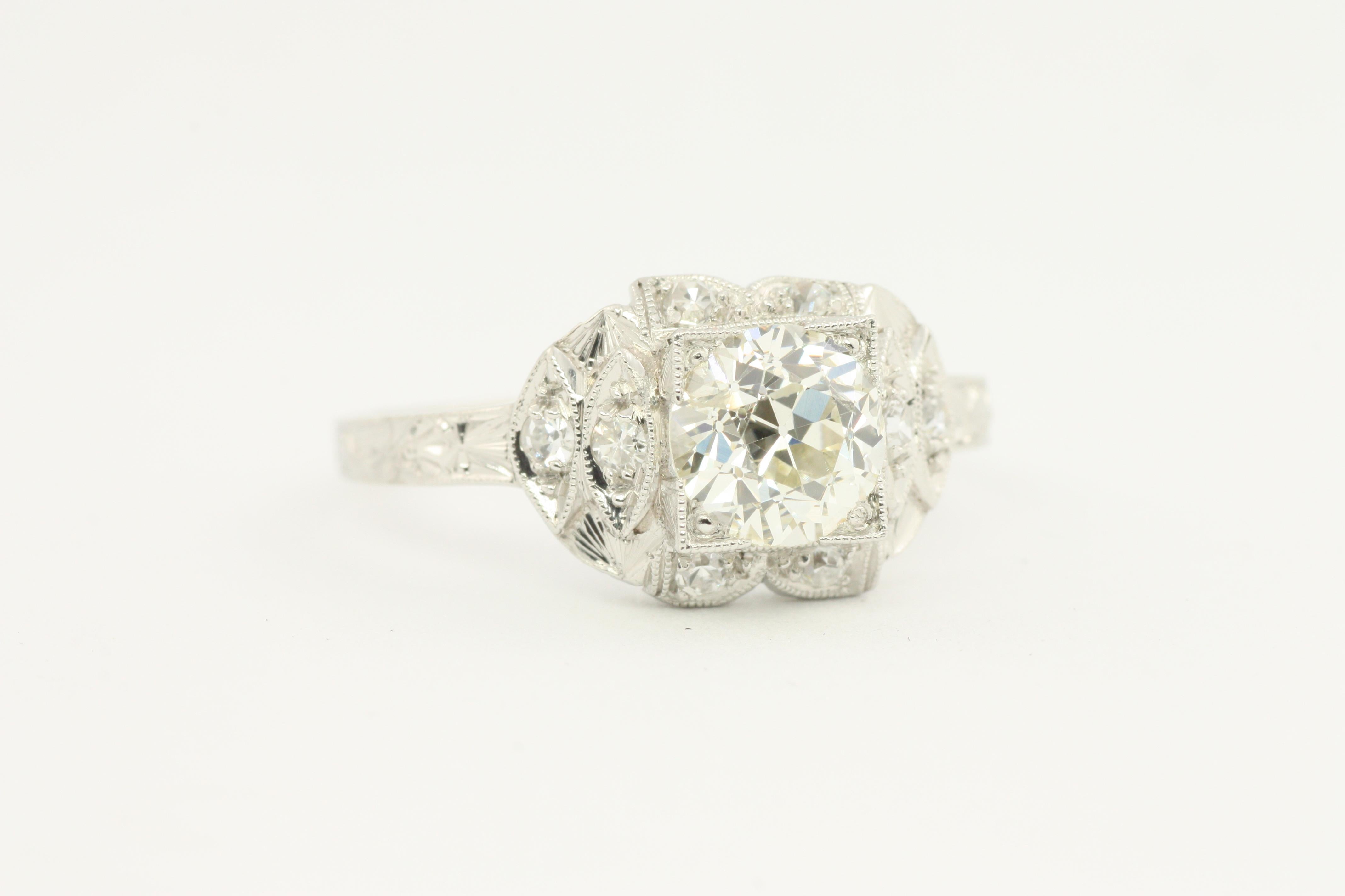 1.16 Carat Total Old European Diamond Vintage Art Deco Platinum Engagement Ring In Excellent Condition For Sale In Venice, CA