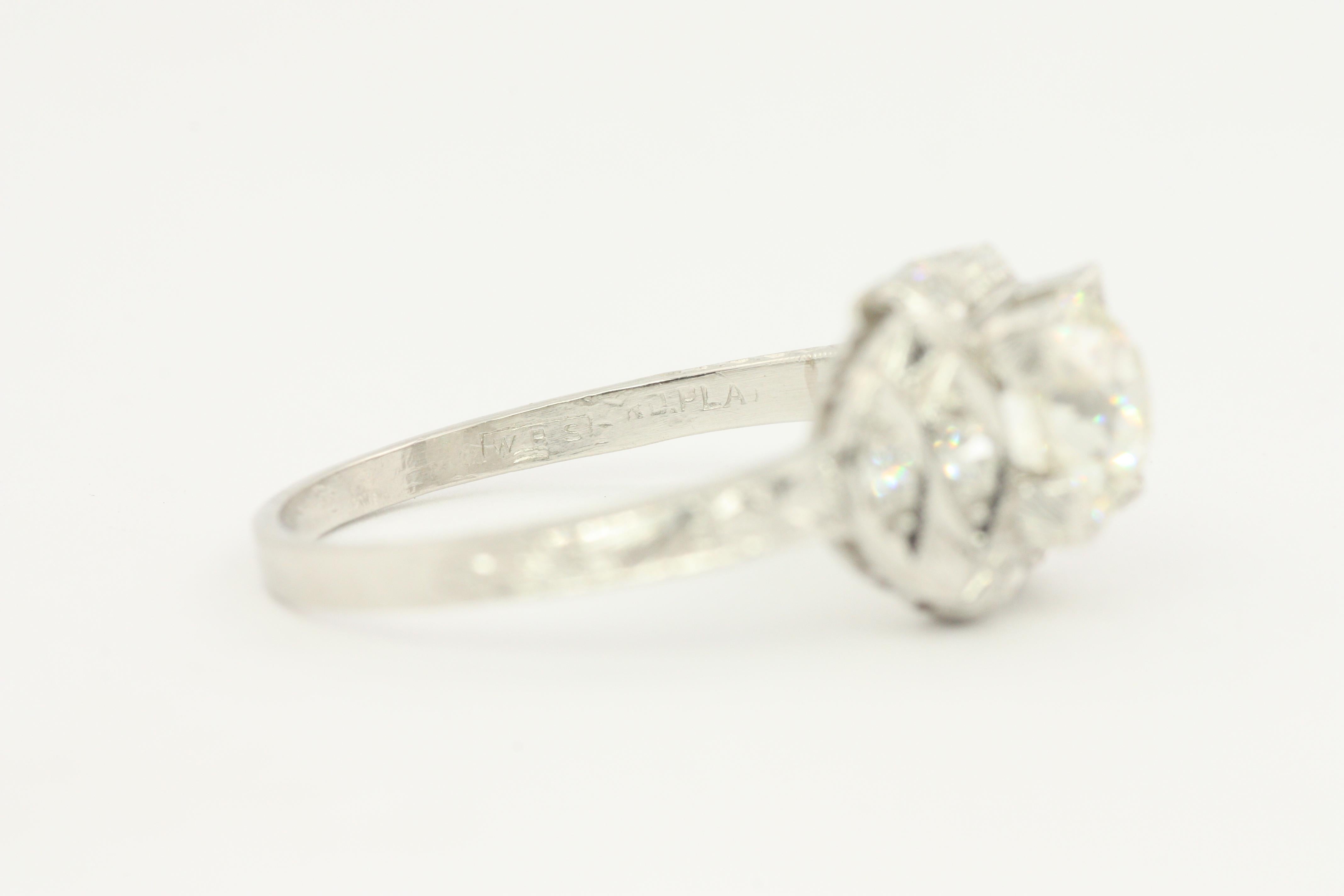 1.16 Carat Total Old European Diamond Vintage Art Deco Platinum Engagement Ring For Sale 2