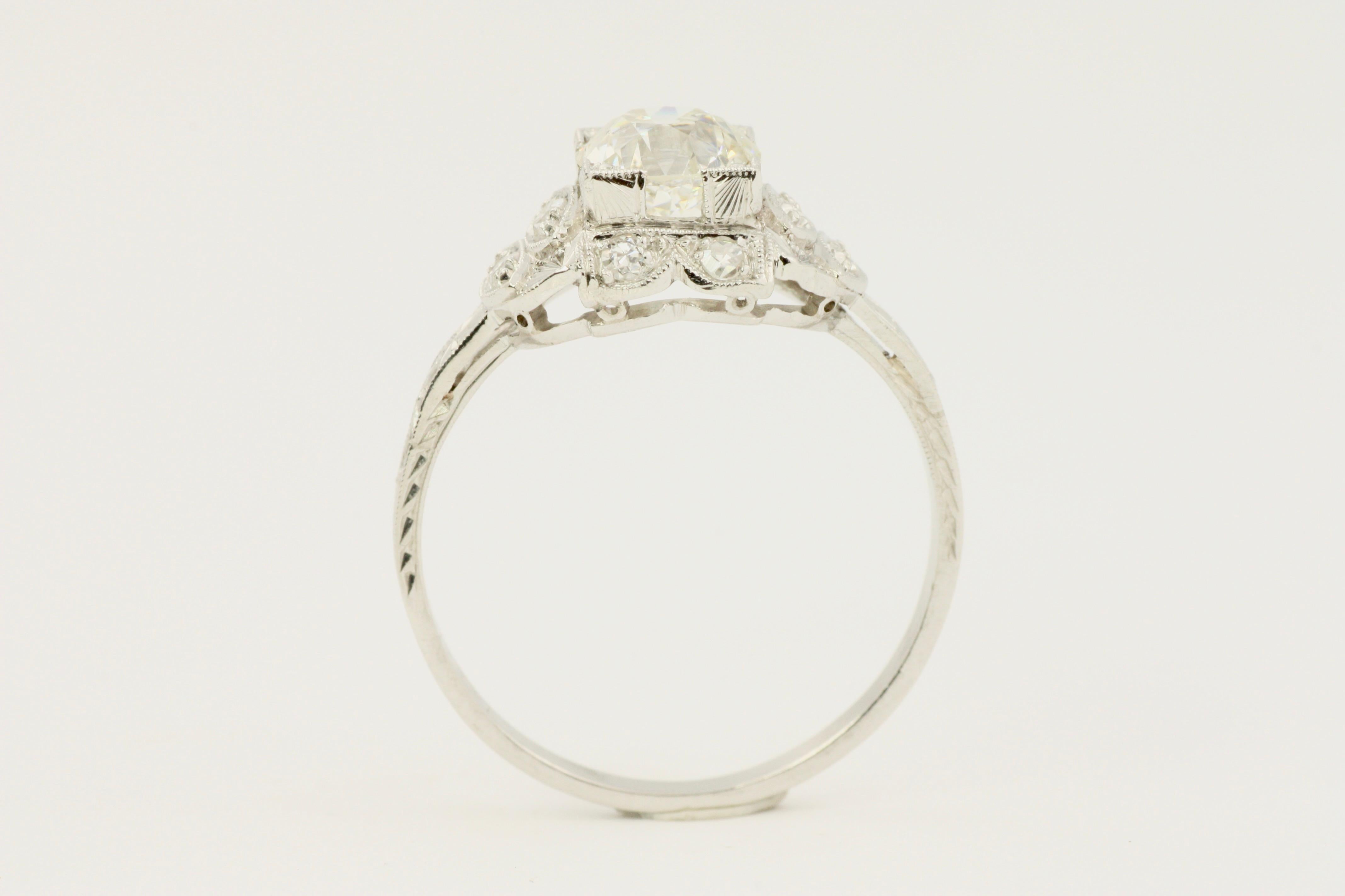 1.16 Carat Total Old European Diamond Vintage Art Deco Platinum Engagement Ring For Sale 3