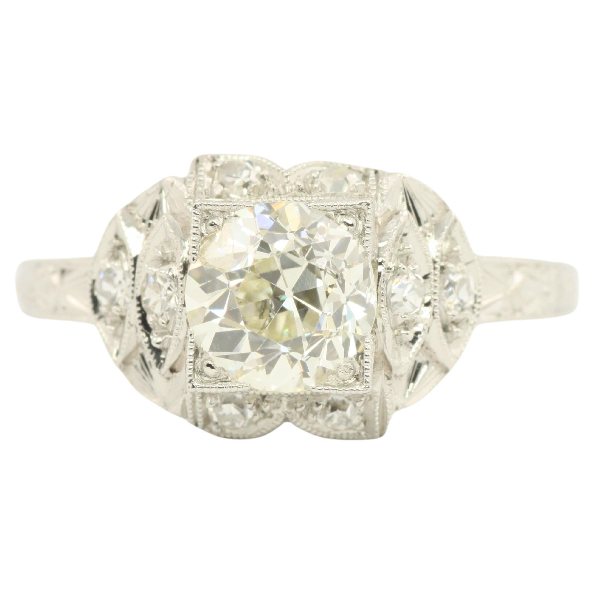 1.16 Carat Total Old European Diamond Vintage Art Deco Platinum Engagement Ring For Sale