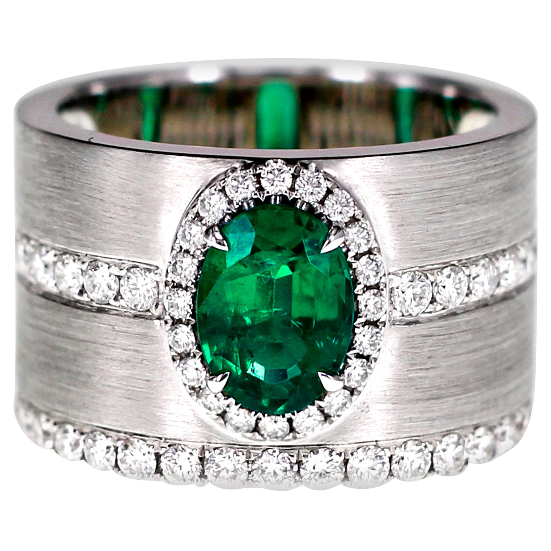 1.16 Carat Vivid Green Emerald and Diamond Ring Matt Finish Cocktail Ring