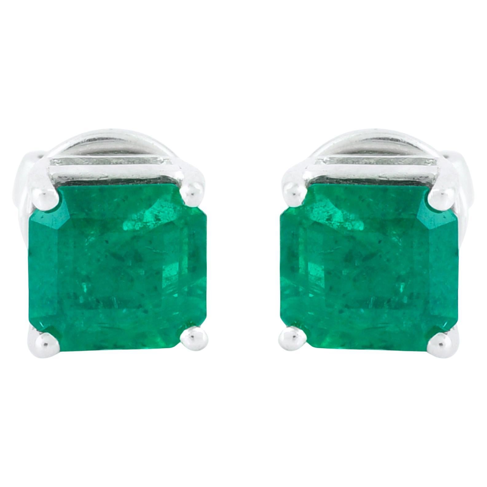 1.16 Carat Zambian Emerald Gemstone Stud Earrings Solid 18k White Gold Jewelry