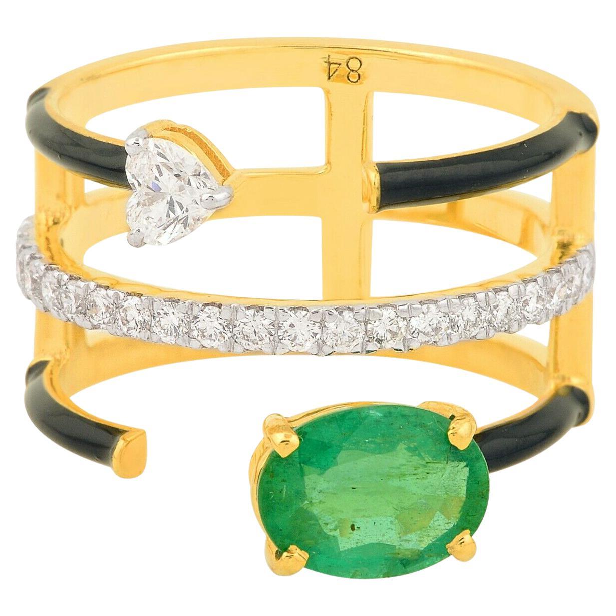 1.16 Carats Emerald Diamond 14 Karat Gold Enamel Heart Ring