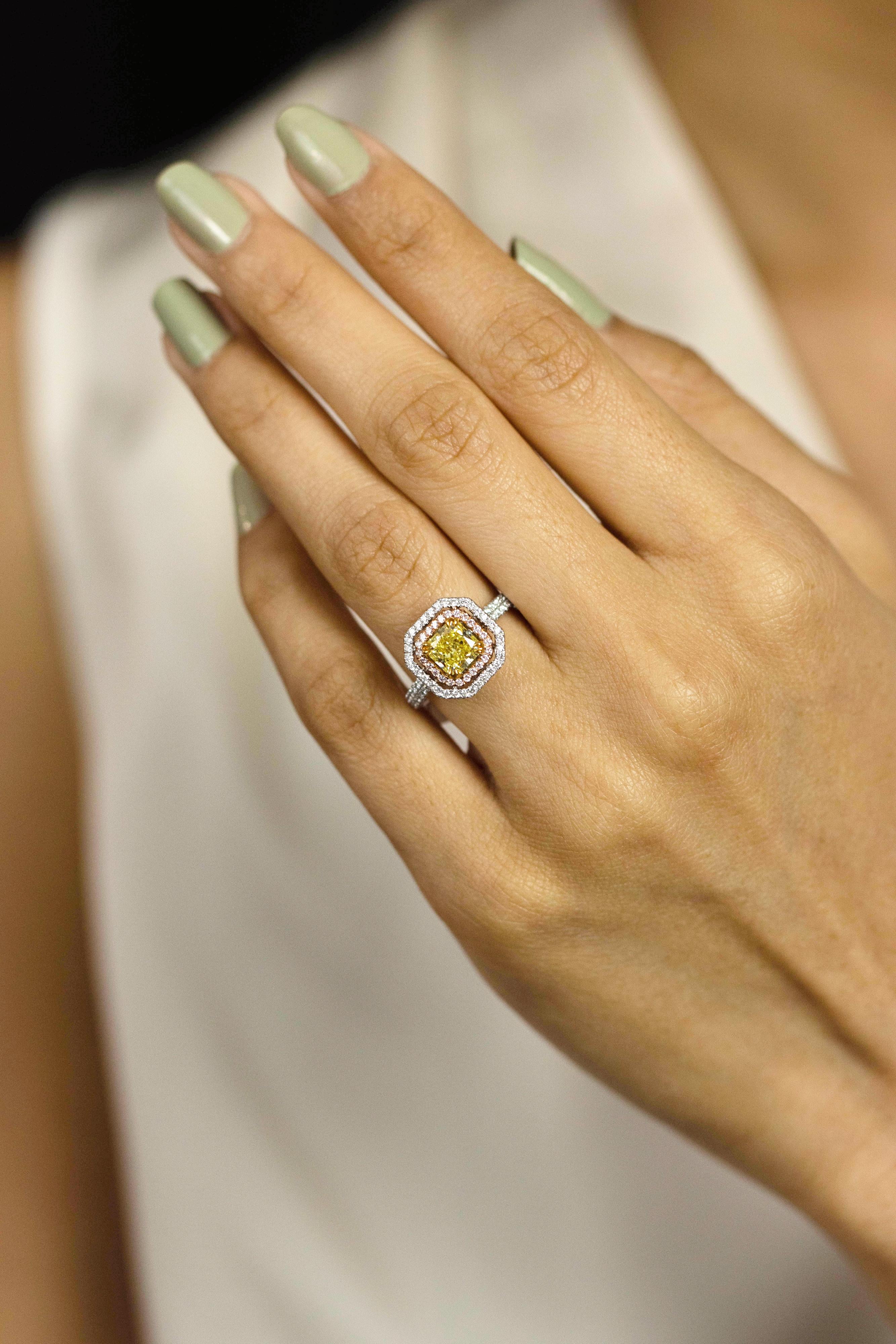 Contemporary GIA Certified 1.16 Carats Radiant Cut Yellow Diamond Double Halo Engagement Ring For Sale