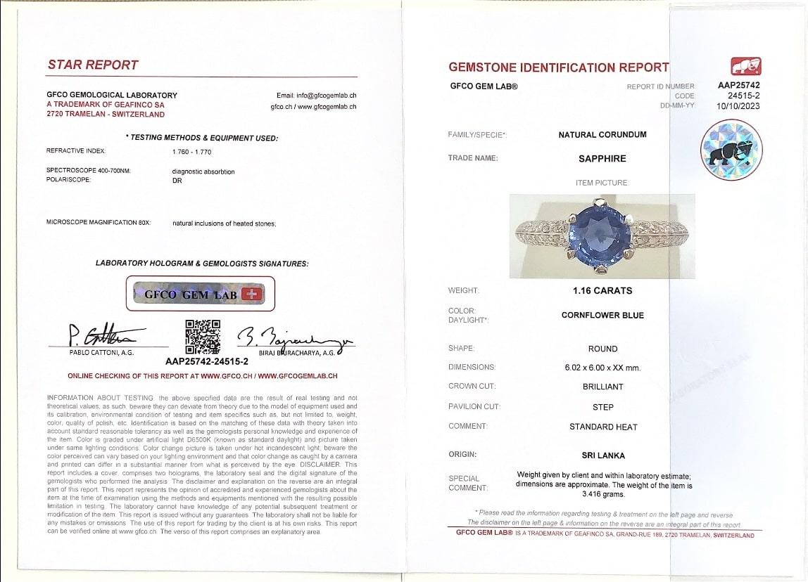 1.16 Ct Ceylon Cornflower Blue Sapphire 18K White Gold Six-prong Solitaire Ring For Sale 4