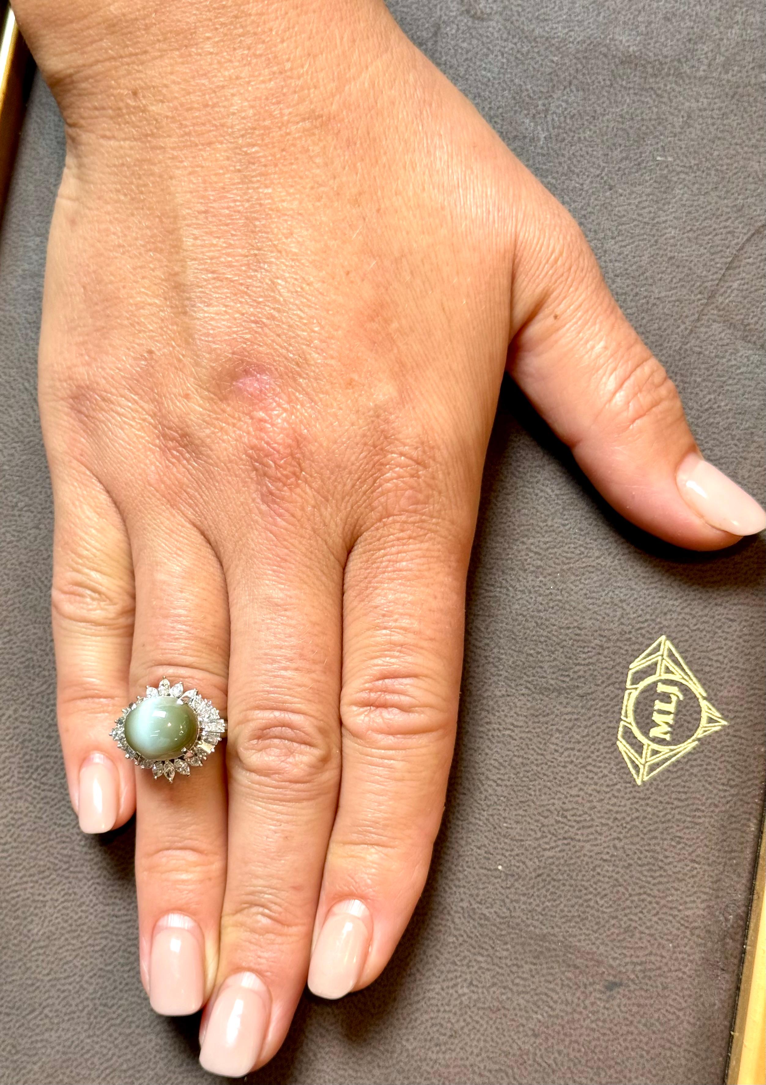 11.6 Ct Chrysoberyl Cats Eye Unisex Ring With Marquise  Diamond Set in platinum For Sale 12