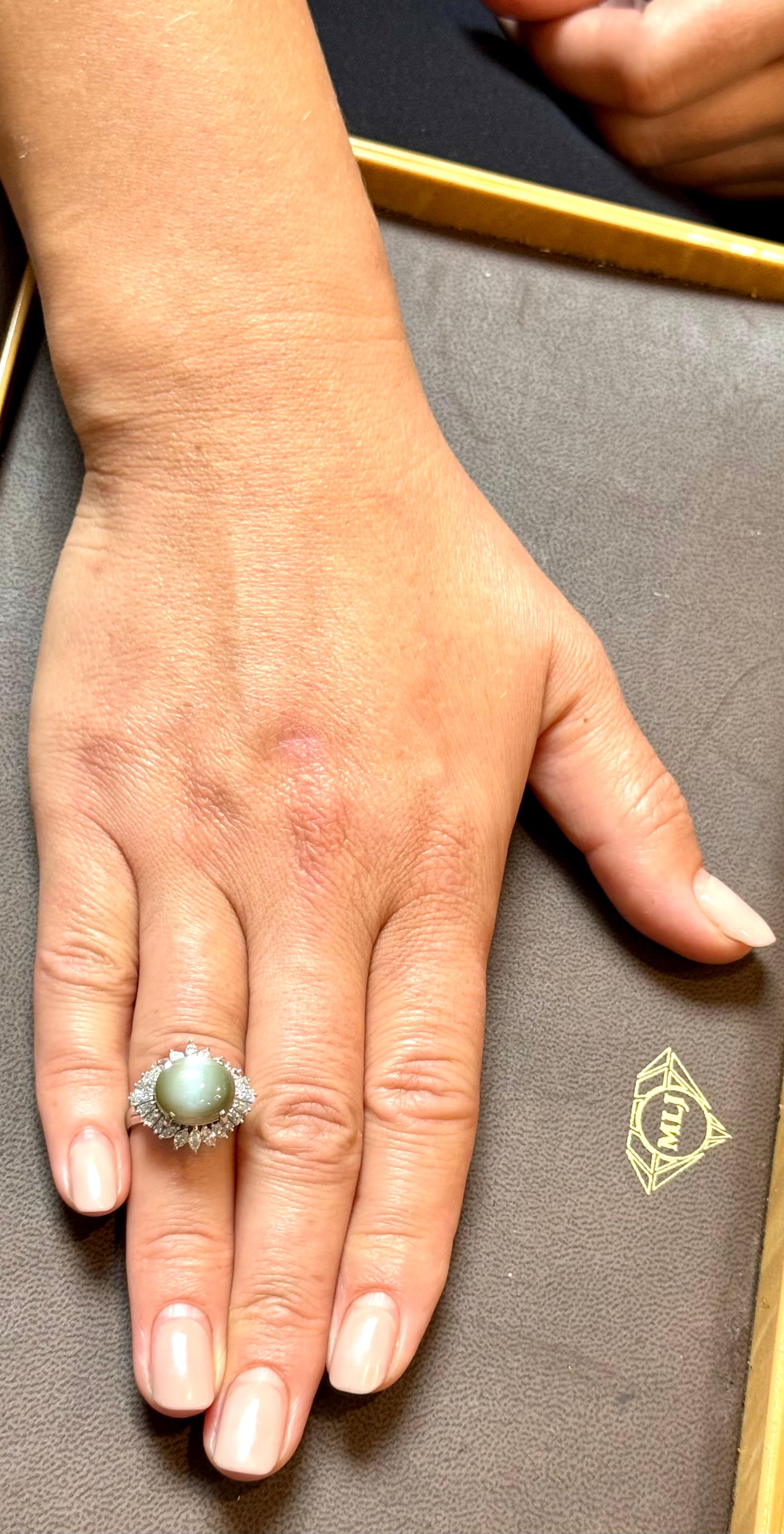11.6 Ct Chrysoberyl Cats Eye Unisex Ring With Marquise  Diamond Set in platinum For Sale 13
