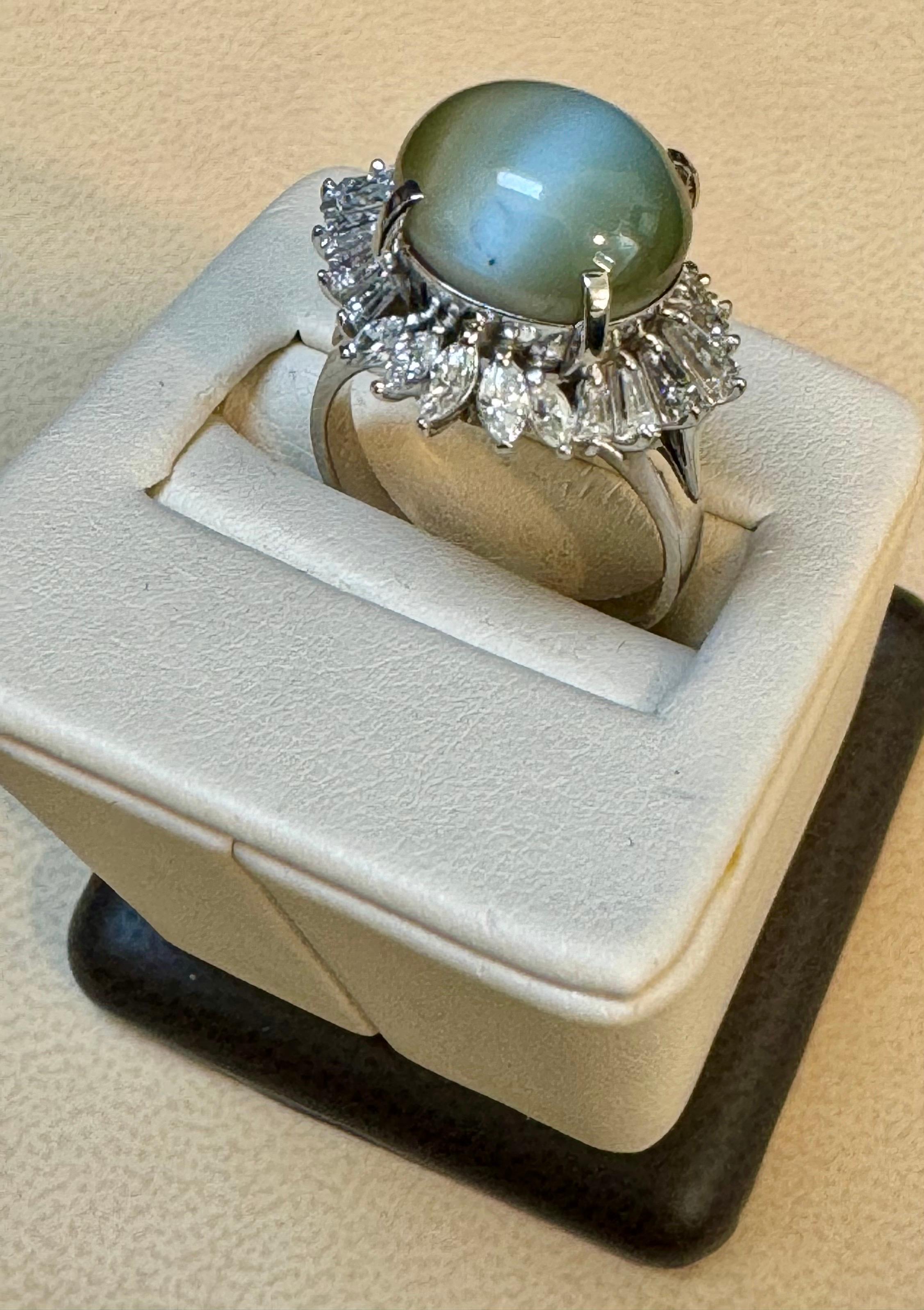 11.6 Ct Chrysoberyl Cats Eye Unisex Ring With Marquise  Diamond Set in platinum For Sale 4