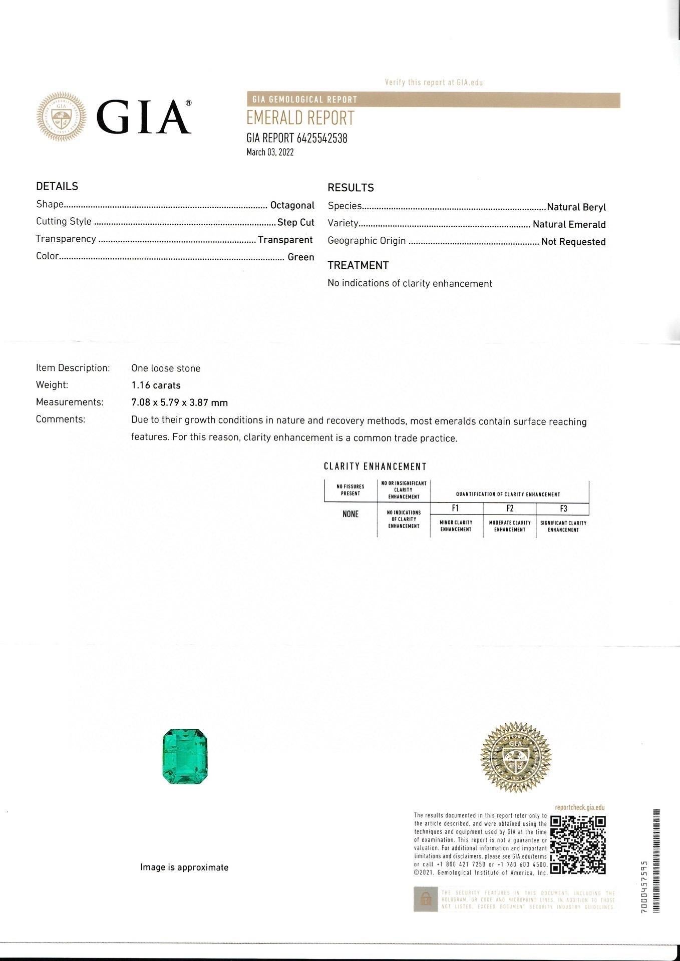 1,16 Ct GIA Cert No Öl Smaragd Ring mit natürlichen Diamanten und Platin Gold Damen im Angebot