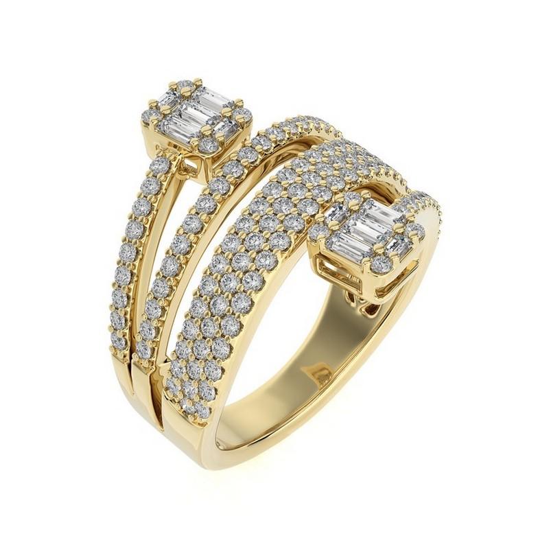 Overview:
The Classic Collection’s fancy spiral finger ring features 1.16 carats of round and baguette diamonds set in 18K yellow gold. This sophisticated and elegant piece combines the sleek shine of yellow gold with the brilliant sparkle of round