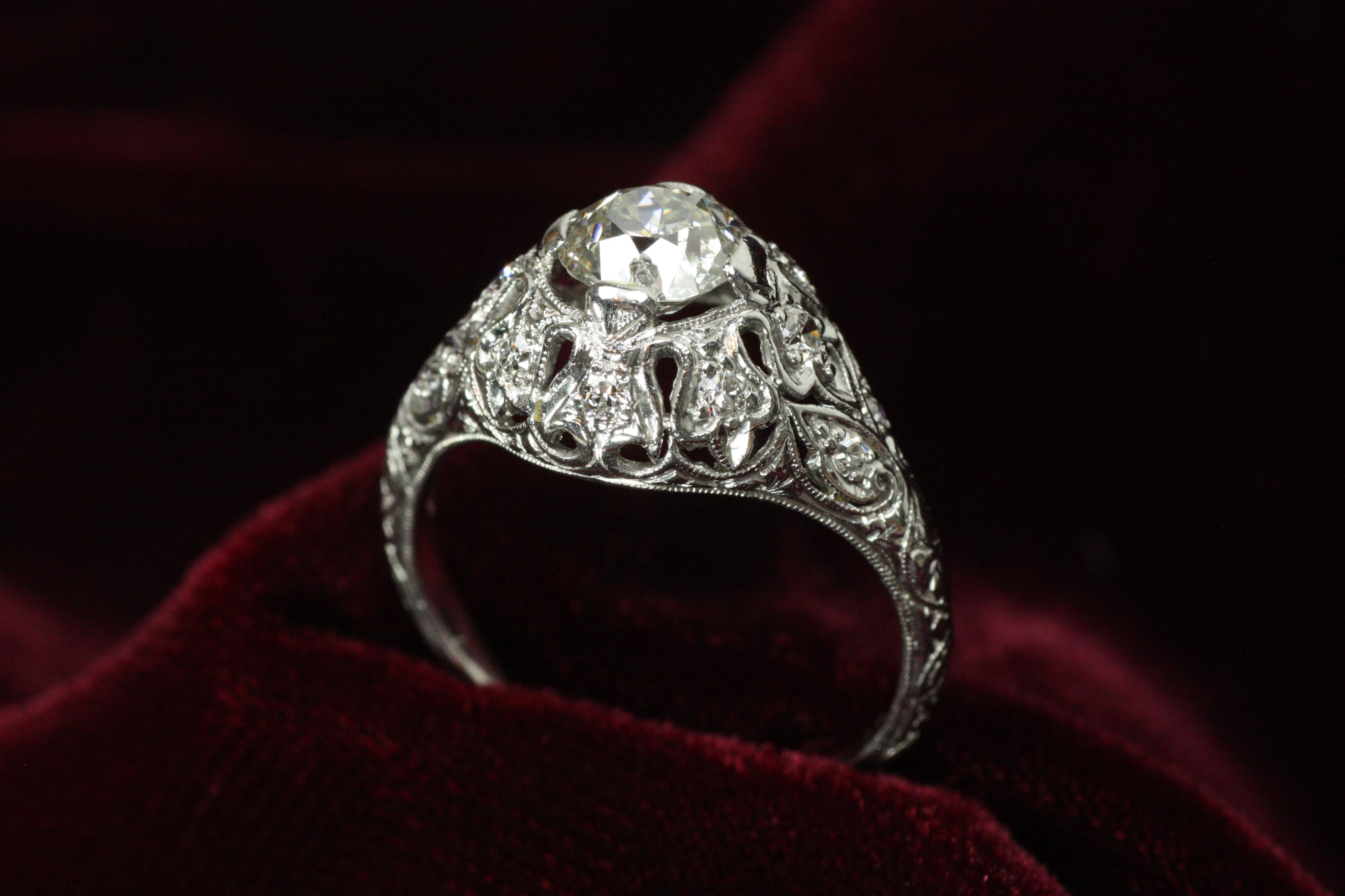 Old European Cut 1.16 Total Carat Old European Round Cut 1920s Art Deco Filigree Engagement Ring For Sale