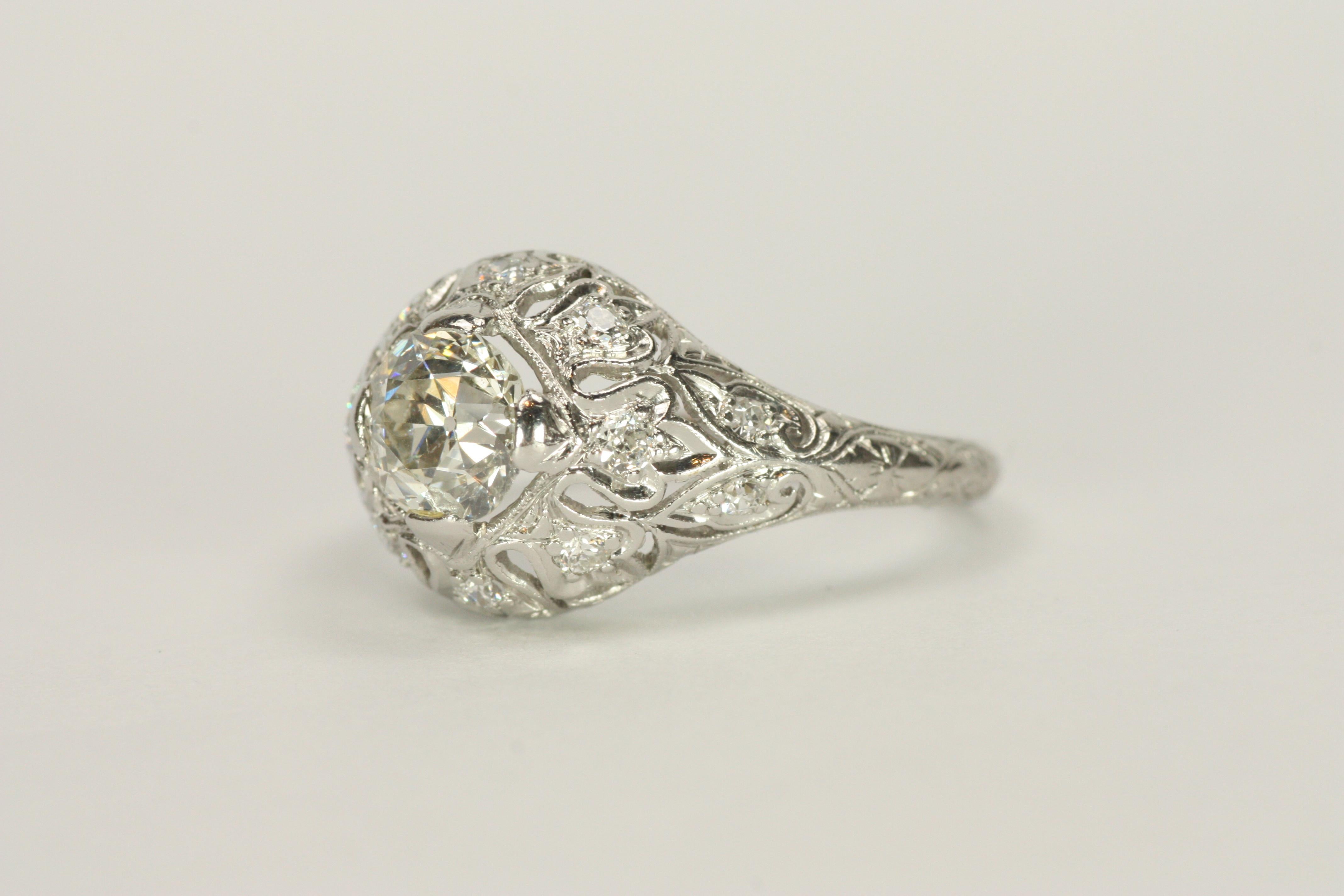 1.16 Total Carat Old European Round Cut 1920s Art Deco Filigree Engagement Ring For Sale 1