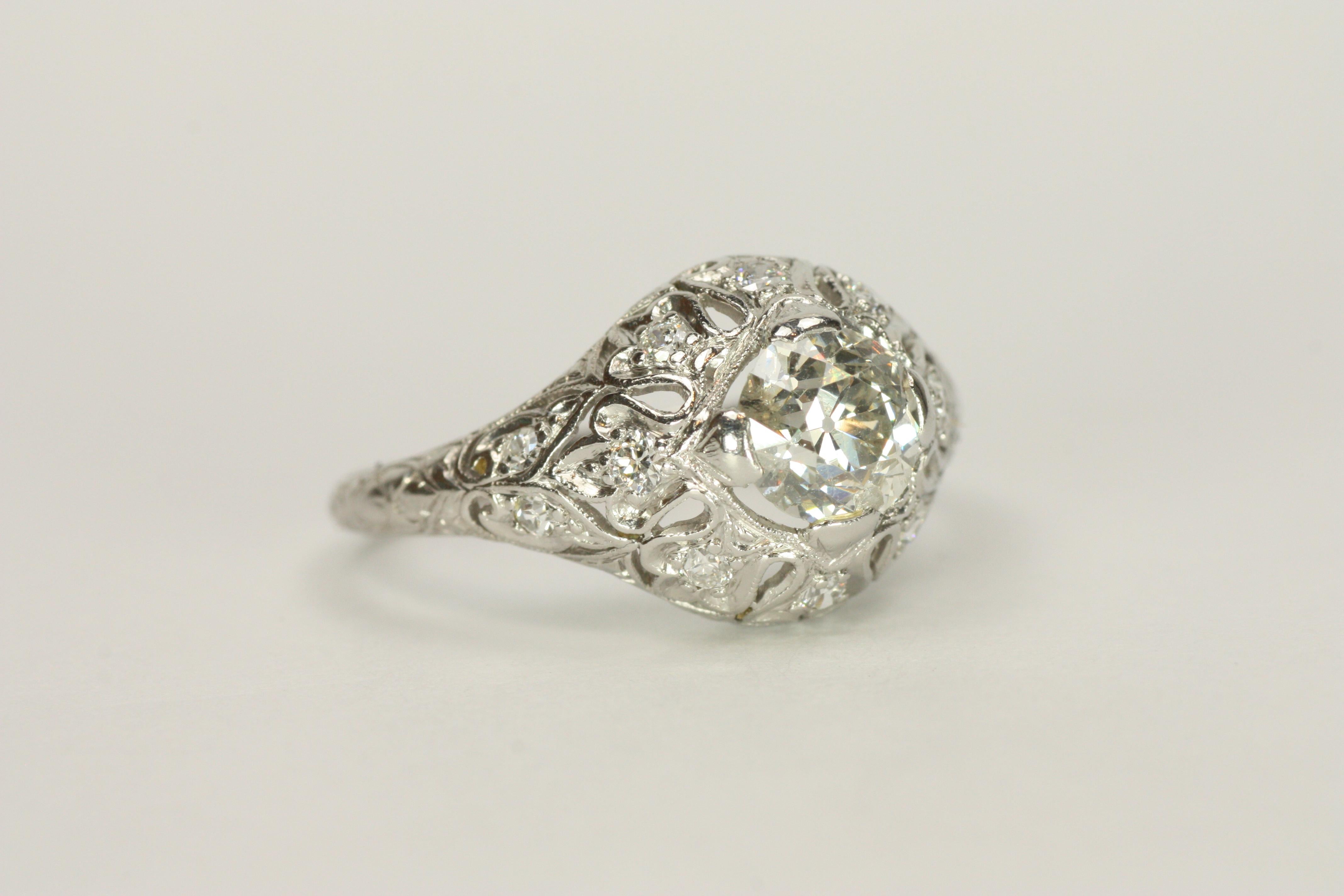 1.16 Total Carat Old European Round Cut 1920s Art Deco Filigree Engagement Ring For Sale 2