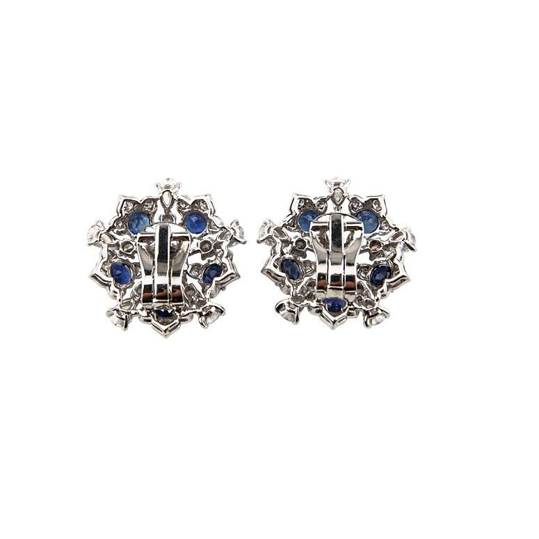 Contemporary 11.60 Carat Blue Sapphire and Diamond 18k White Gold Cluster Earrings For Sale