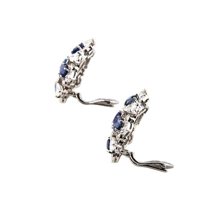 Round Cut 11.60 Carat Blue Sapphire and Diamond 18k White Gold Cluster Earrings For Sale