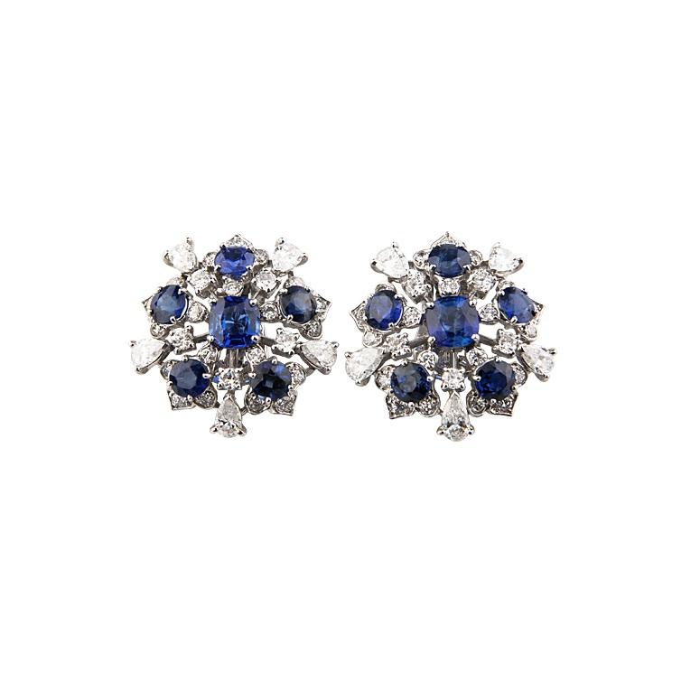 11.60 Carat Blue Sapphire and Diamond 18k White Gold Cluster Earrings In Good Condition For Sale In Sherman Oaks, CA