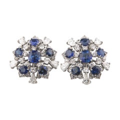 11.60 Carat Blue Sapphire and Diamond 18k White Gold Cluster Earrings