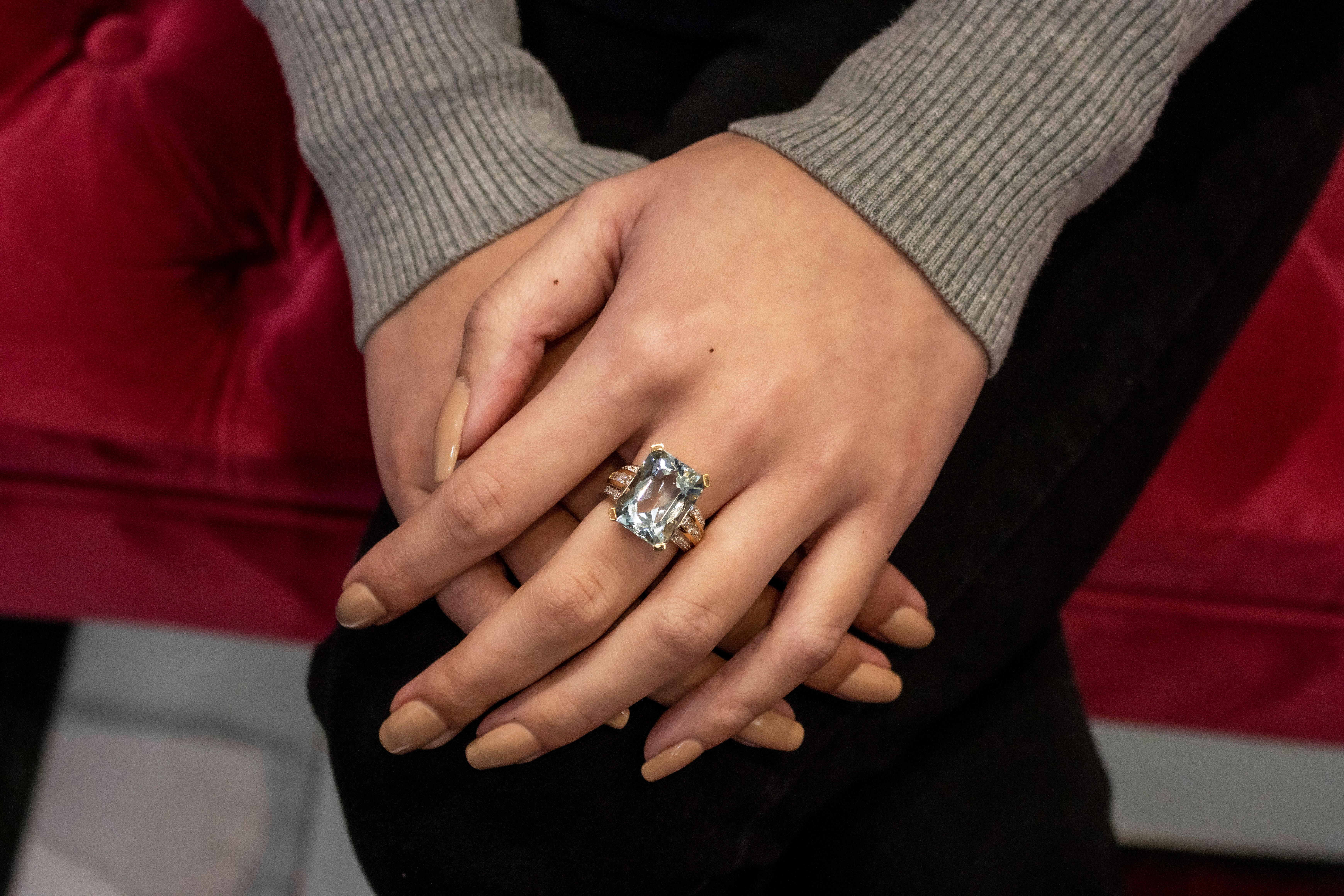 Women's 11.60 Carat Emerald Cut Aquamarine and Diamond Cocktail Ring