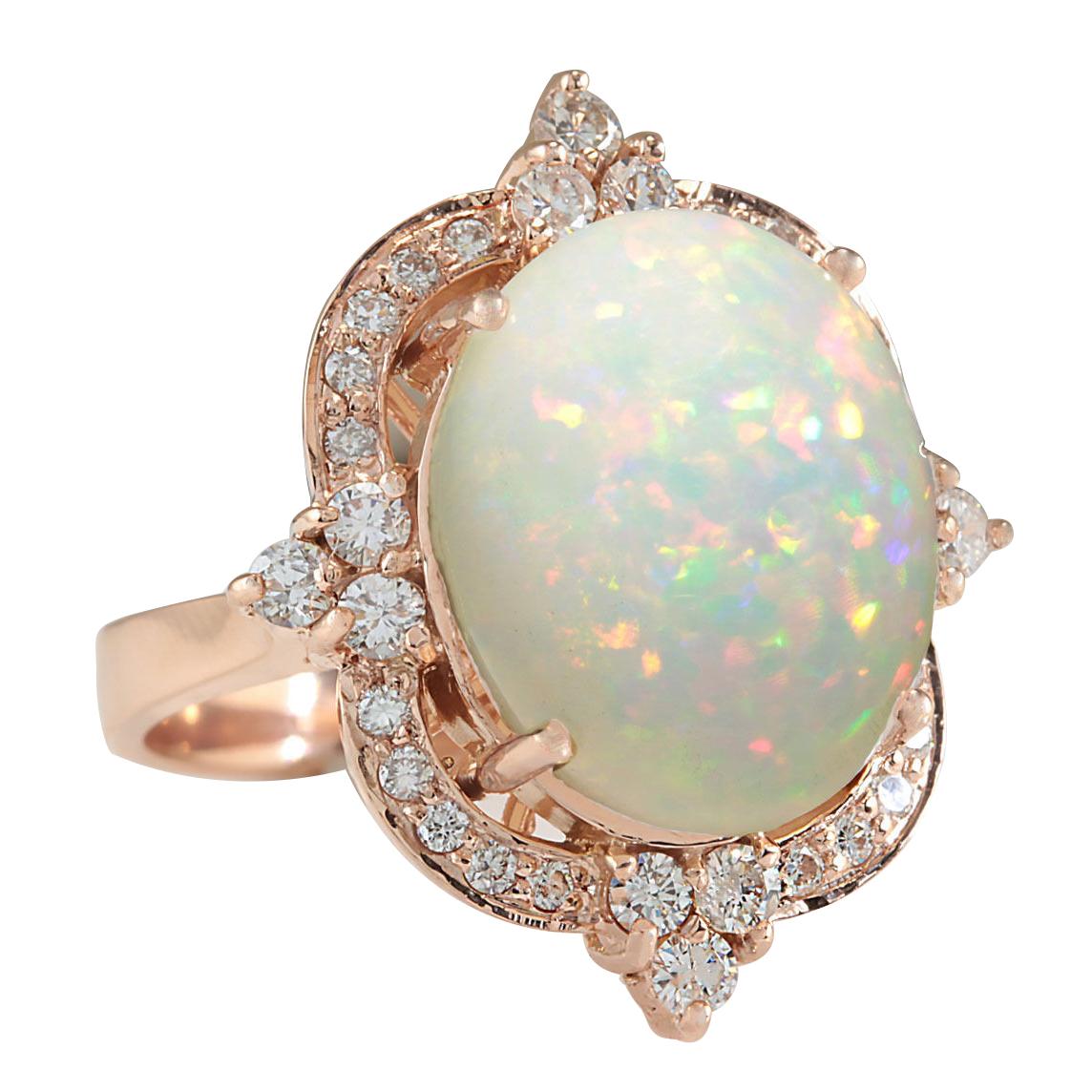 Gestempelt: 14K Rose Gold
Gesamtgewicht des Rings: 11,2 Gramm
Das Gesamtgewicht des natürlichen Opals beträgt 10,80 Karat (Maße: 16,00x12,00 mm)
Farbe: Multicolor
Gesamtgewicht des natürlichen Diamanten: 0,80 Karat
Farbe: F-G, Reinheit: