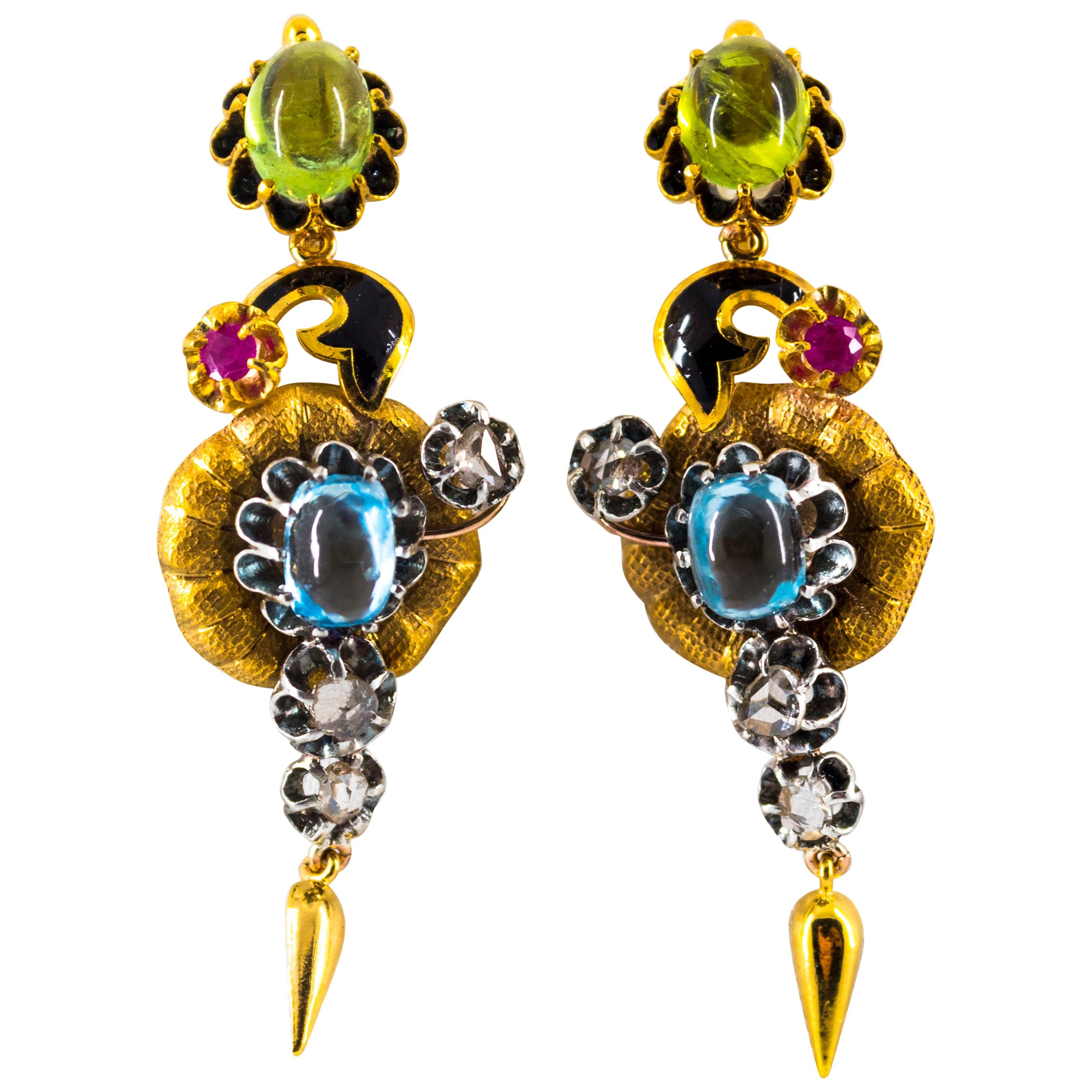 Boucles d'oreilles fleurs en or jaune avec diamants blancs de 11,60 carats, rubis, tourmaline et topaze