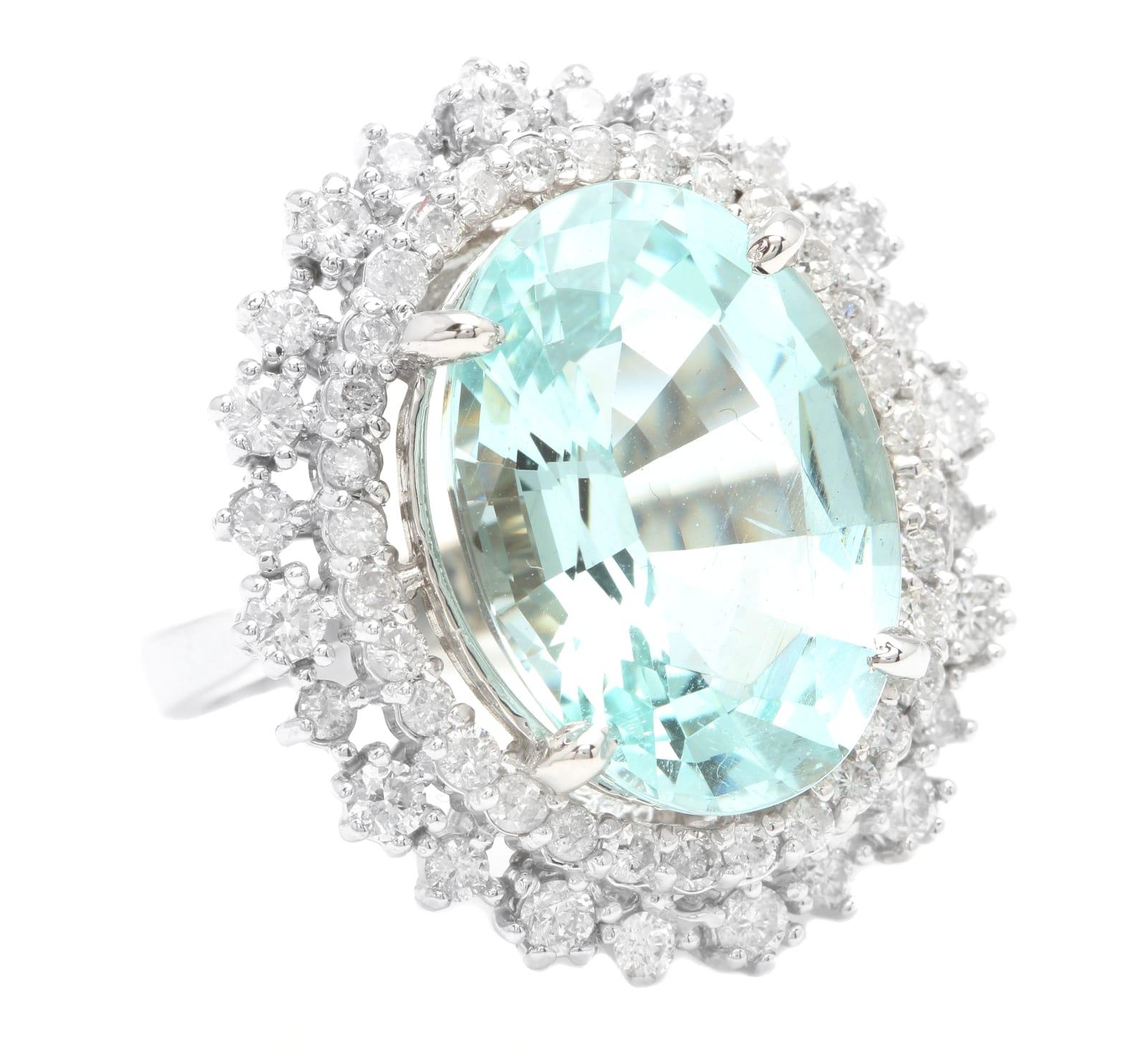 11.10 Carats Exquisite Natural Aquamarine and Diamond 14K Solid White Gold Ring

Suggested Replacement Value: Approx. 8,600.00

Total Natural Aquamarine Weight is: Approx. 9.50 Carats 

Aquamarine Treatment: Heat

 Aquamarine Measures: Approx. 18.00