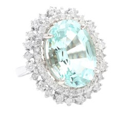 11.10 Carats Exquisite Natural Aquamarine and Diamond 14K Solid White Gold Ring