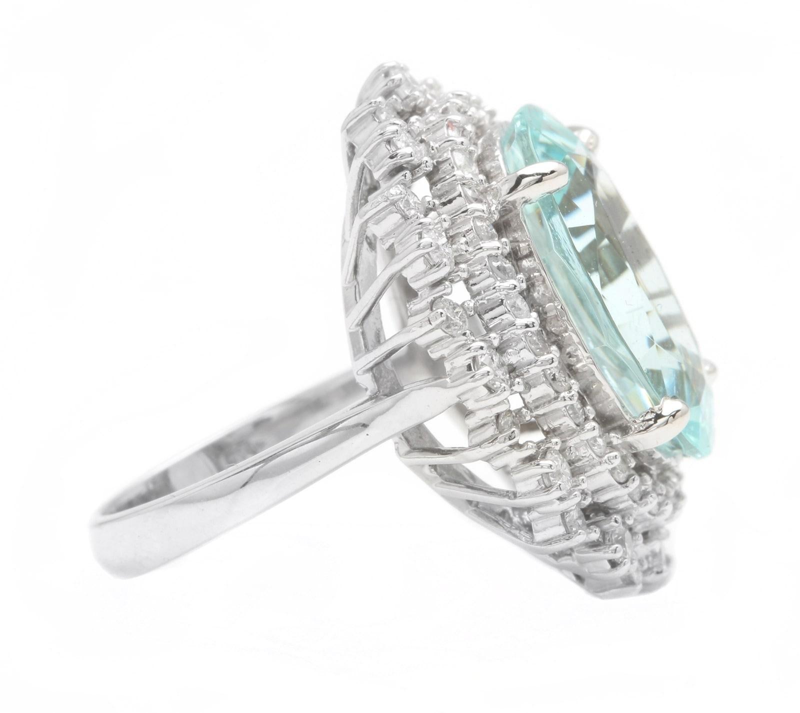 Mixed Cut 11.10 Carats Exquisite Natural Aquamarine and Diamond 14K Solid White Gold Ring For Sale