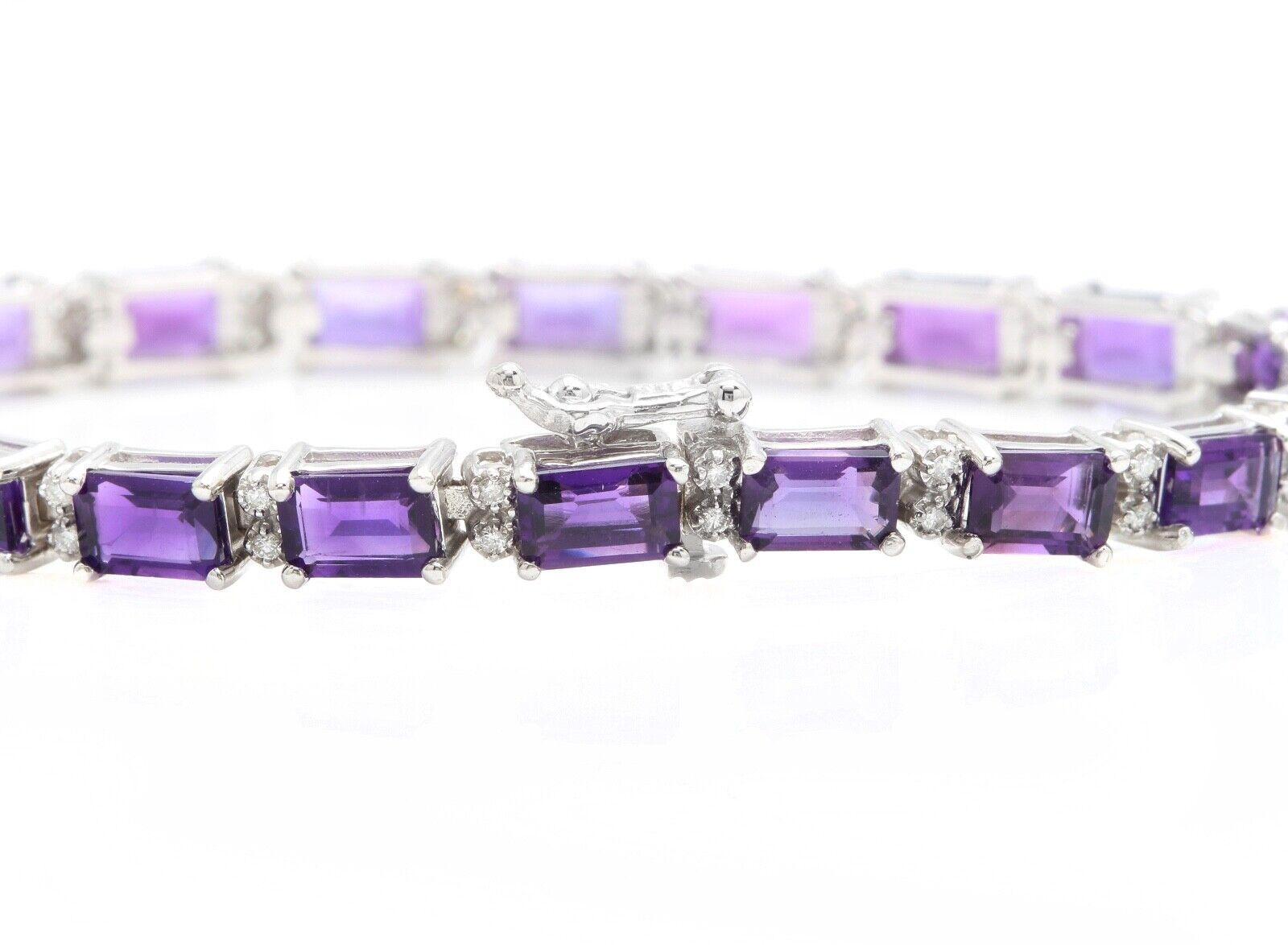 11.60 Carats Natural Amethyst & Diamond 14K Solid White Gold Bracelet 

Suggested Replacement Value: $7,000.00

STAMPED: 14K

Total Natural Round Diamonds Weight: Approx. 0.60 Carats (color G-H / Clarity SI)

Total Natural Amethyst Weight is: